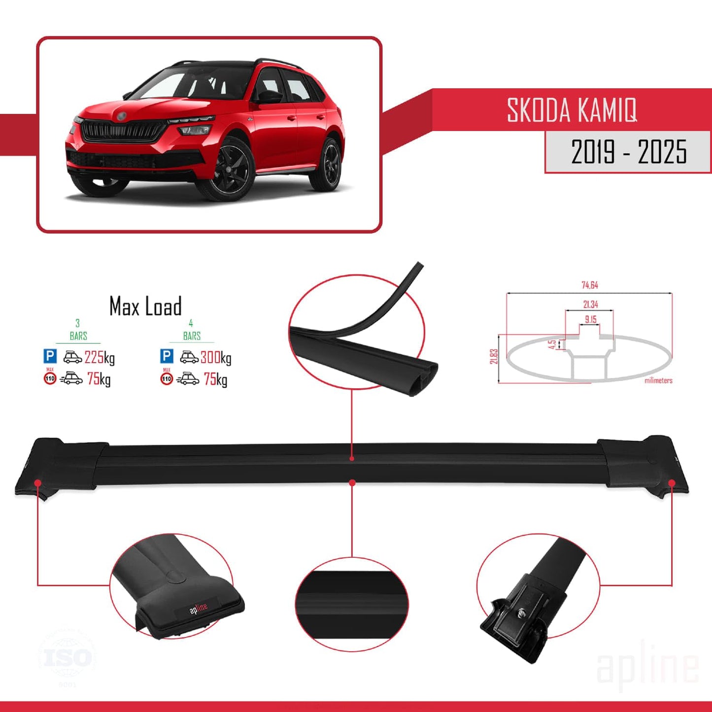 Compatible with Skoda Kamiq 2019-2025 Fly Model Car Roof Rack Cross Bar Black Aluminium 3 Bars