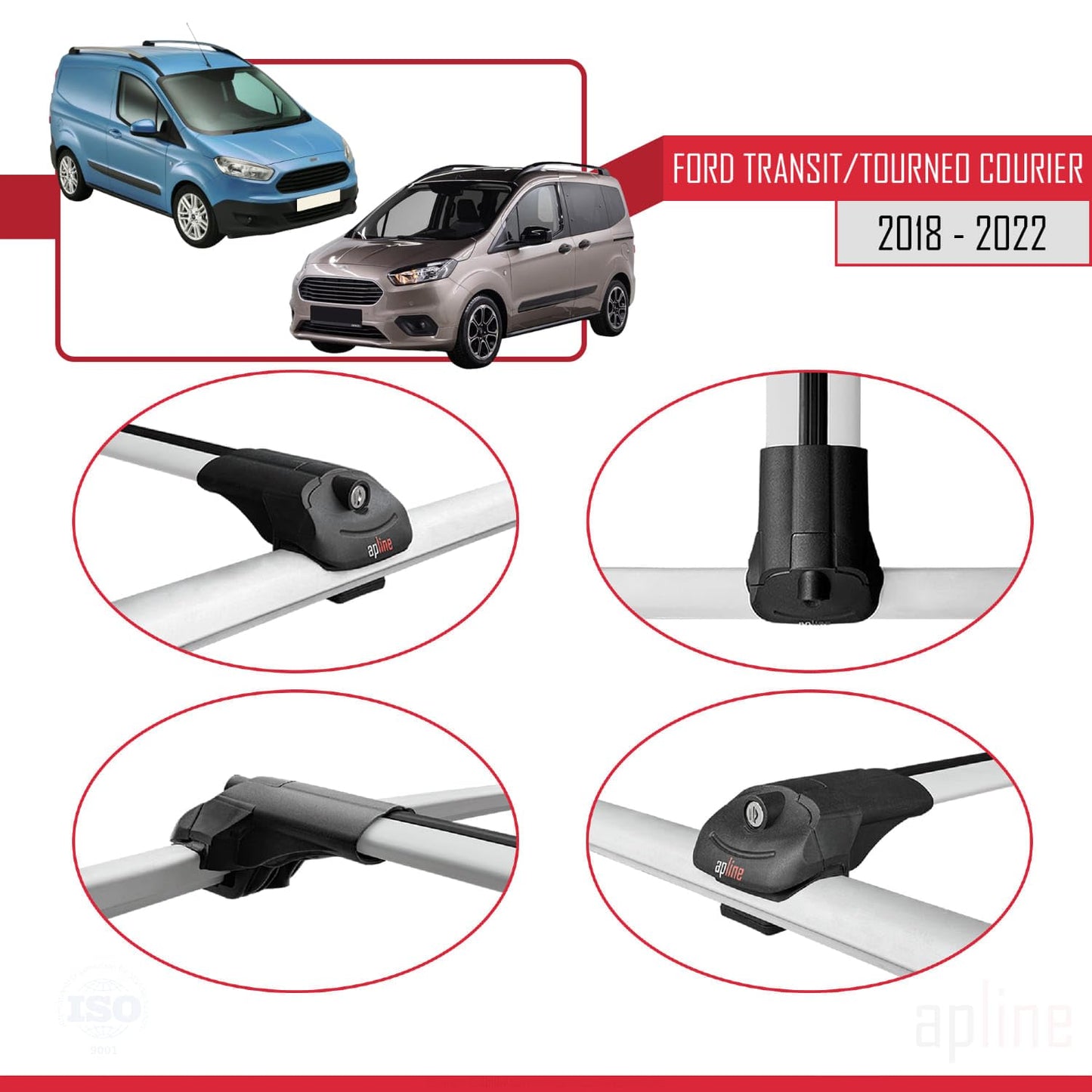 Compatible with Ford Transit/Tourneo Courier Post-Facelift 2018-2022 ACE-1 Car Roof Rack Cross Bar Grey Aluminium 3 Bars