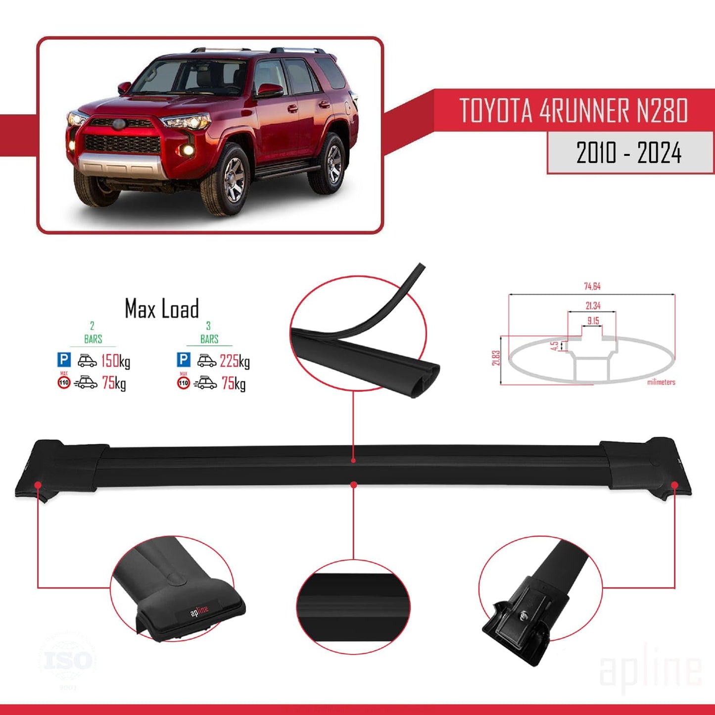 Compatible with Toyota 4Runner (N280) 2010-2024 Fly Model Car Roof Rack Cross Bar Black Aluminium 2 Bars