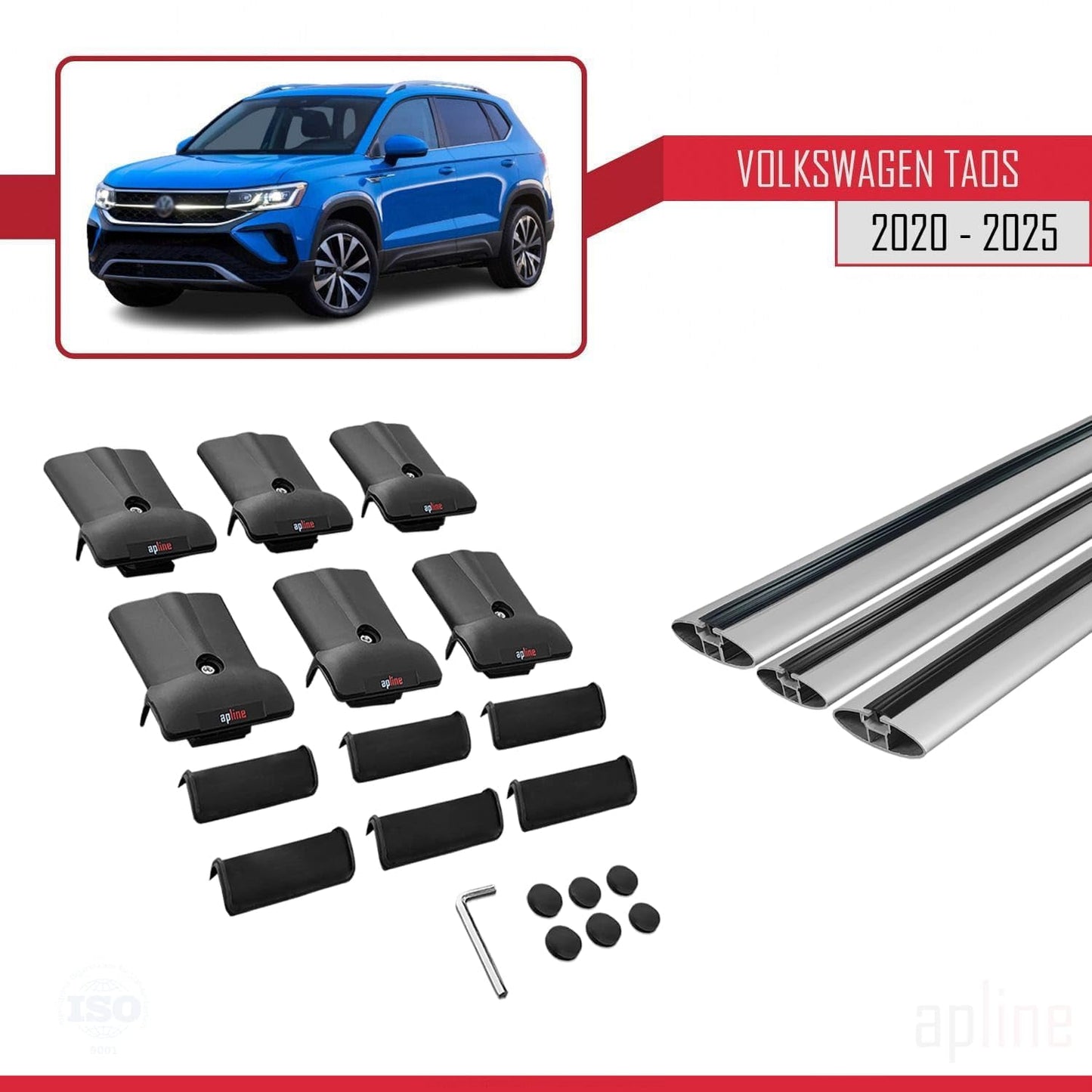 Compatible with Volkswagen Taos 2021-2025 Fly Model Car Roof Rack Cross Bar Grey Aluminium 3 Bars