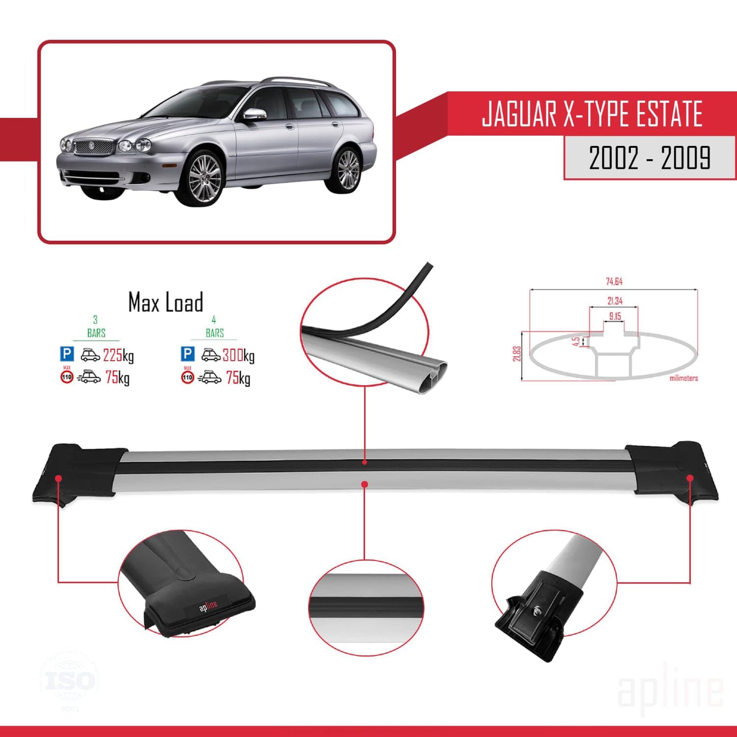Compatible with Jaguar X-Type Estate 2002-2009 Fly Model Car Roof Rack Cross Bar Grey Aluminium 3 Bars