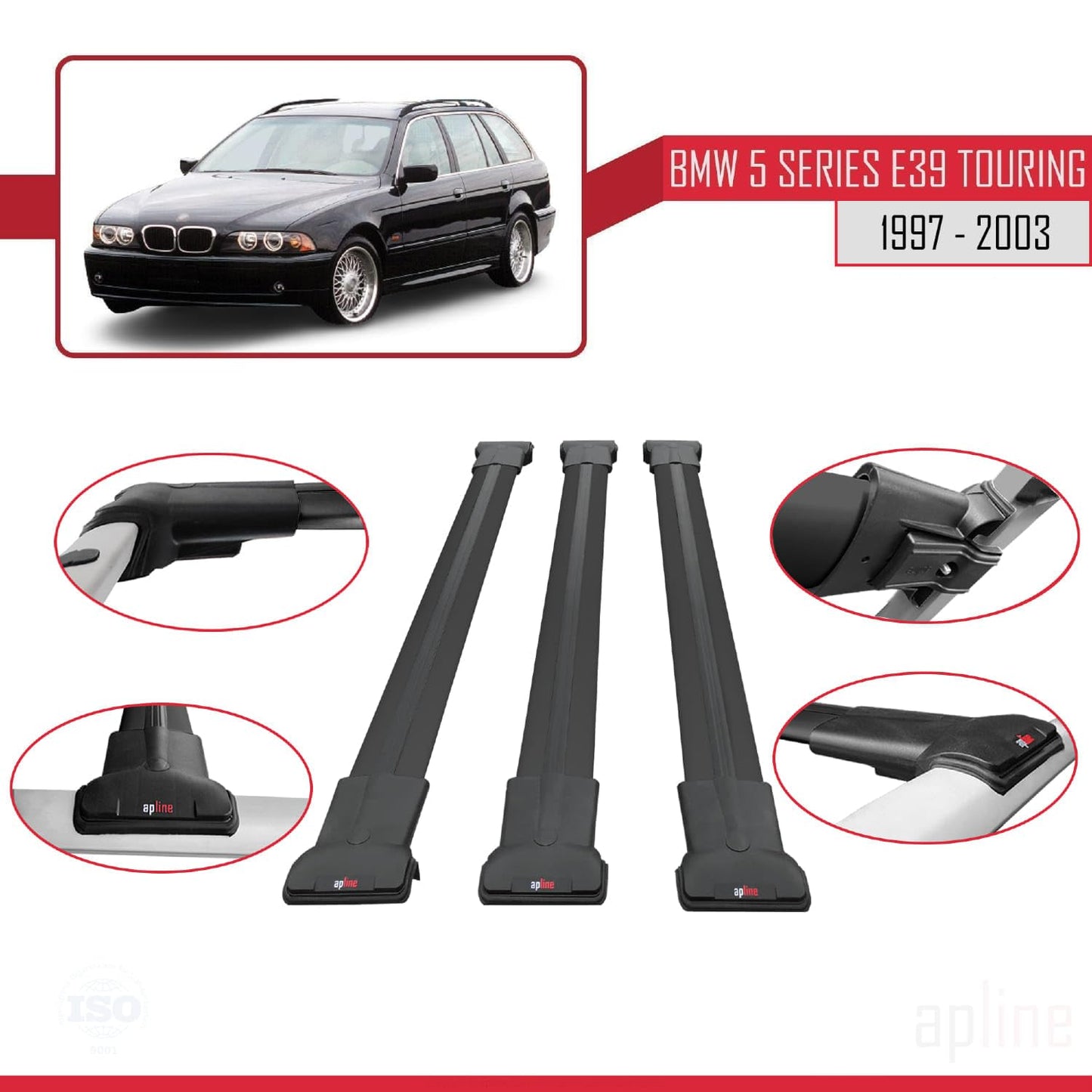 Compatible with BMW 5 Series (E39) Touring 1997-2003 Fly Model Car Roof Rack Cross Bar Black Aluminium 3 Bars