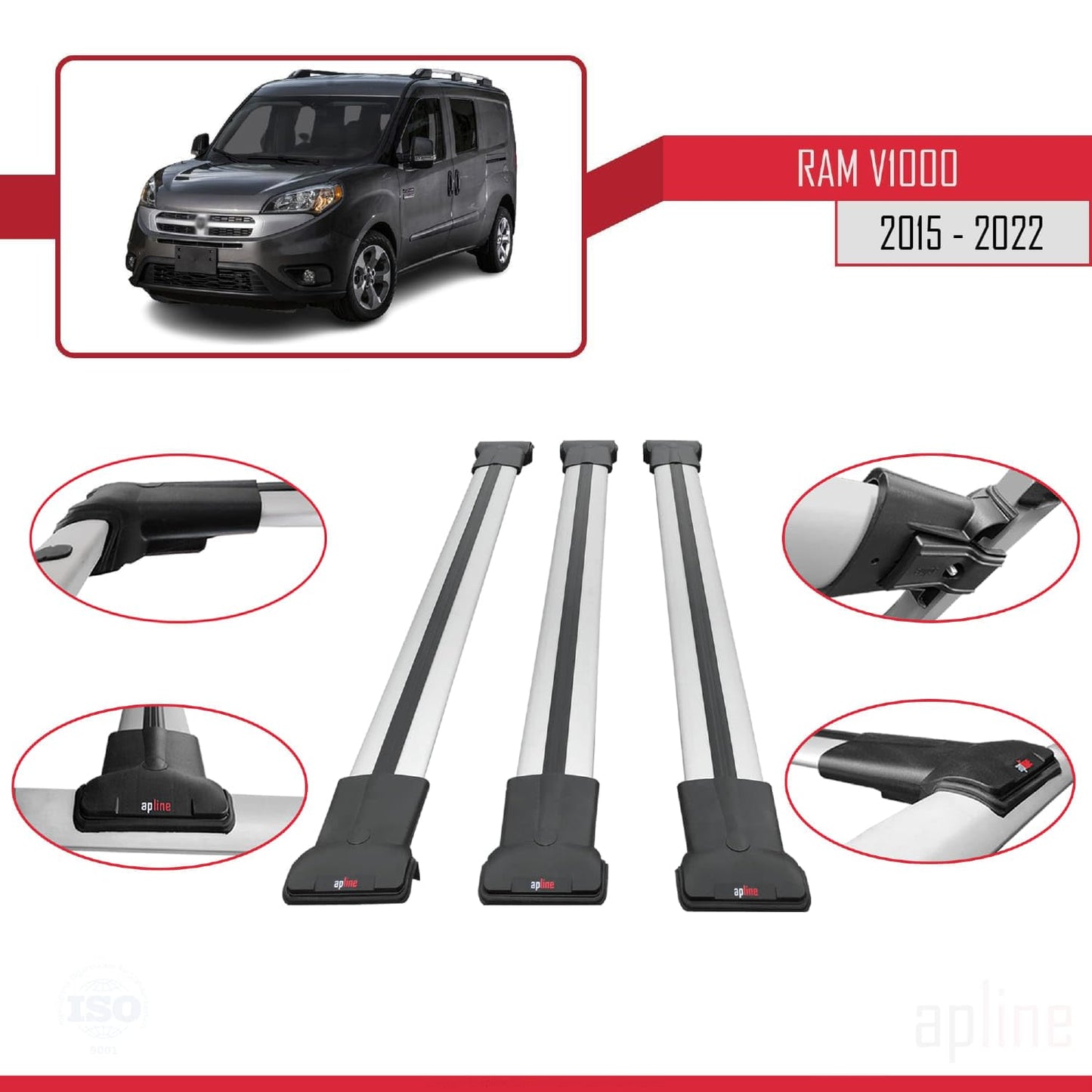 Compatible with Ram V1000 2015-2022 Fly Model Car Roof Rack Cross Bar Grey Aluminium 3 Bars