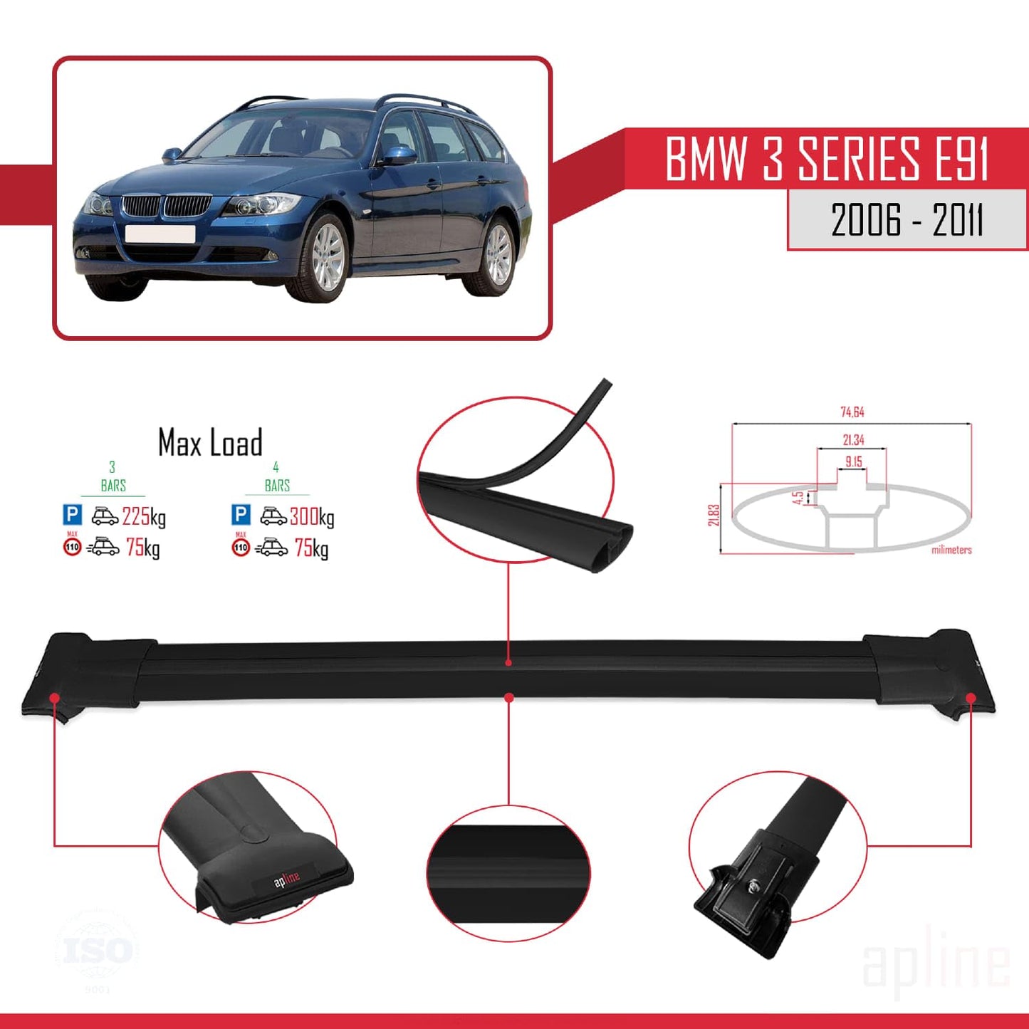 Compatible with BMW 3 Series E91 Touring 2006-2011 Fly Model Car Roof Rack Cross Bar Black Aluminium 3 Bars