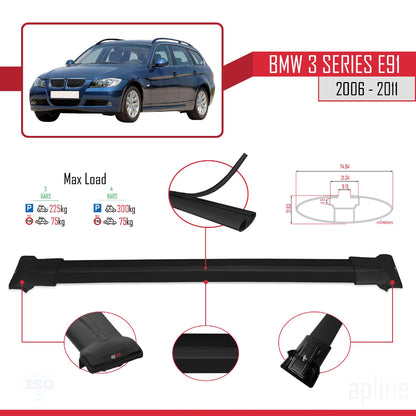 Compatible with BMW 3 Series E91 Touring 2006-2011 Fly Model Car Roof Rack Cross Bar Black Aluminium 3 Bars