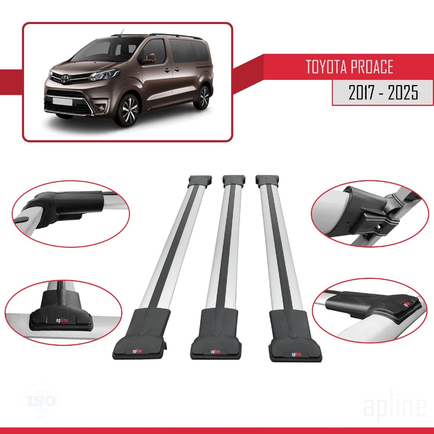 Compatible with Toyota Proace 2017-2025 Fly Model Car Roof Rack Cross Bar Grey Aluminium 3 Bars