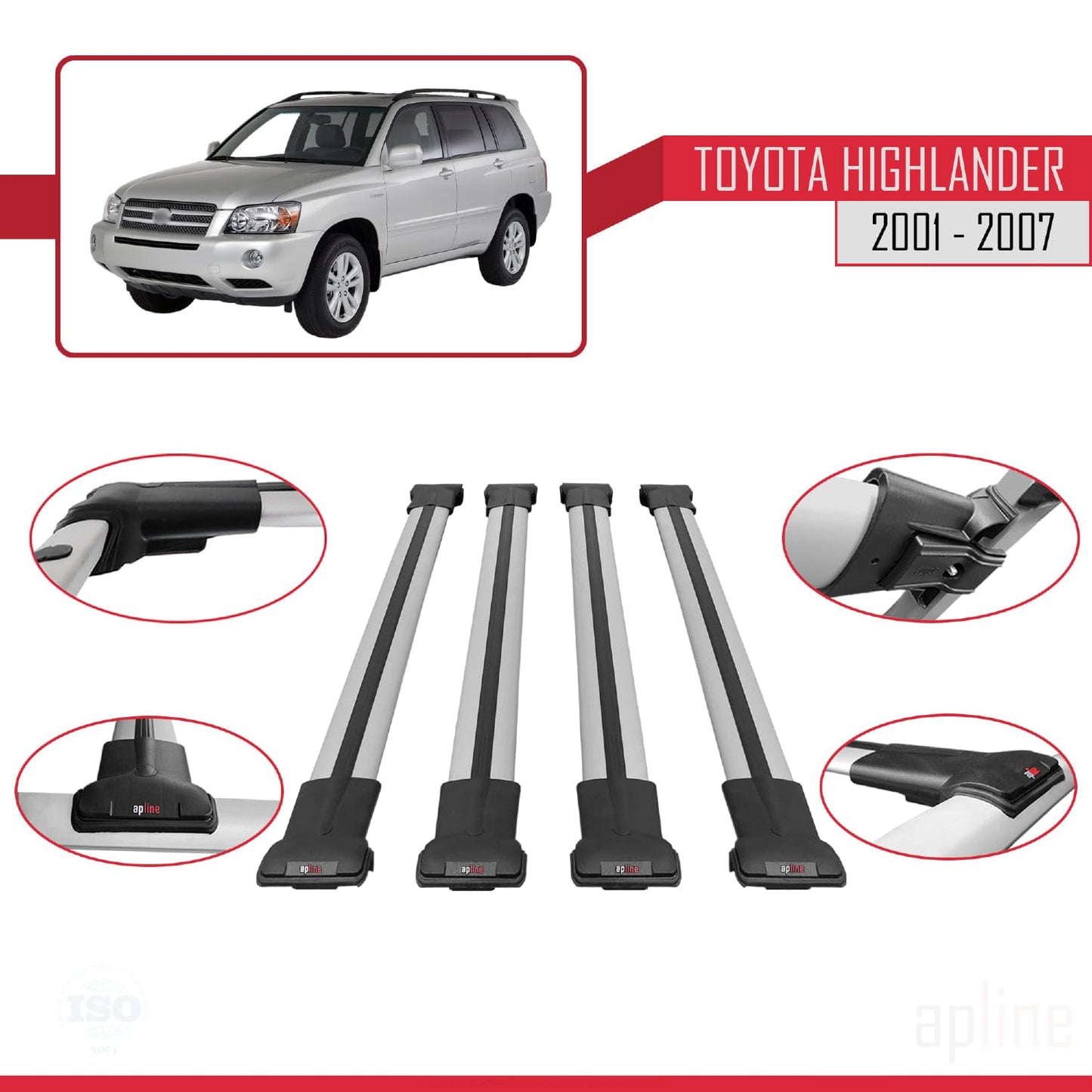 Compatible with Toyota Highlander 2001-2007 Fly Model Car Roof Rack Cross Bar Grey Aluminium 4 Bars
