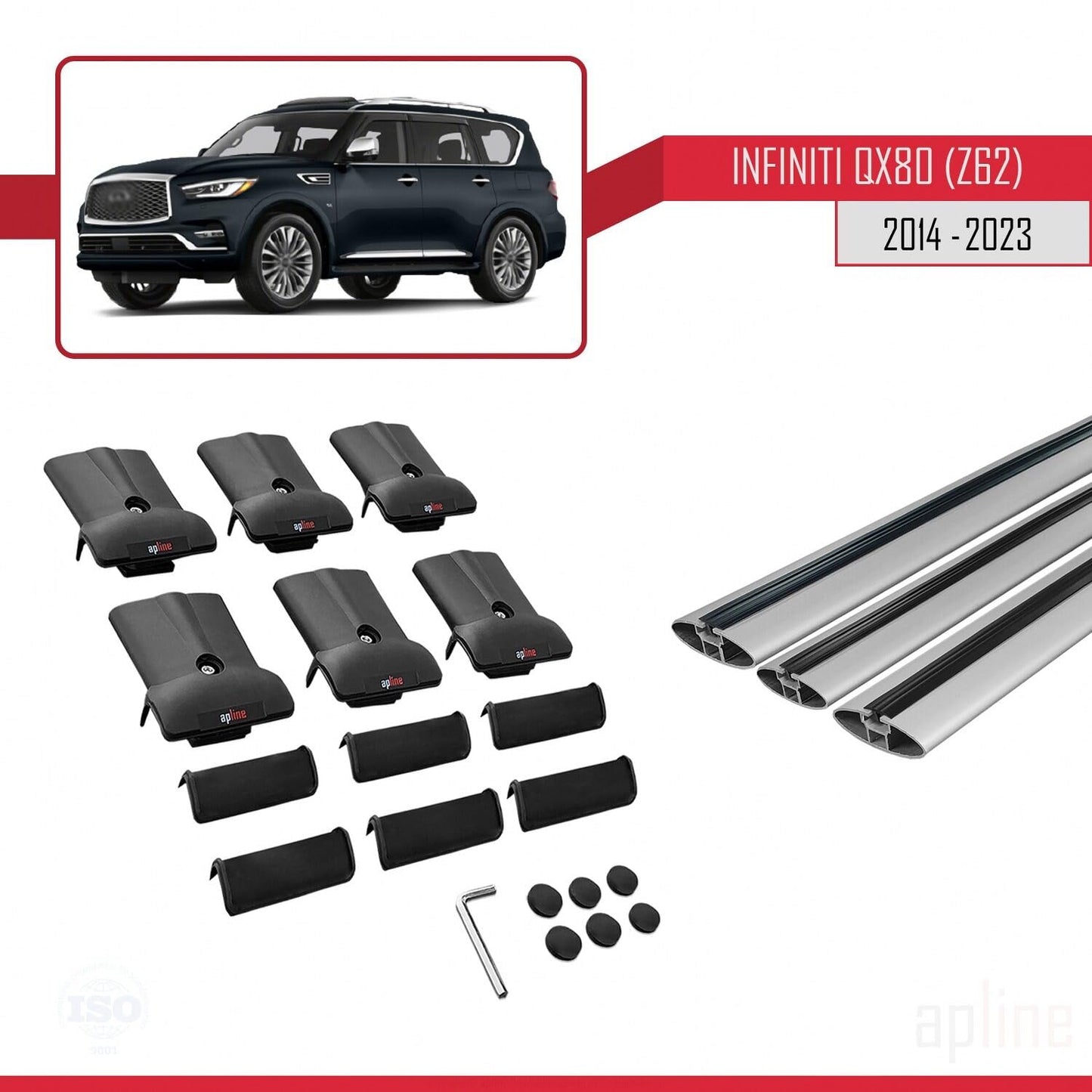 Compatible with Infiniti QX80 (Z62) 2014-2023 Fly Model Car Roof Rack Cross Bar Grey Aluminium 3 Bars