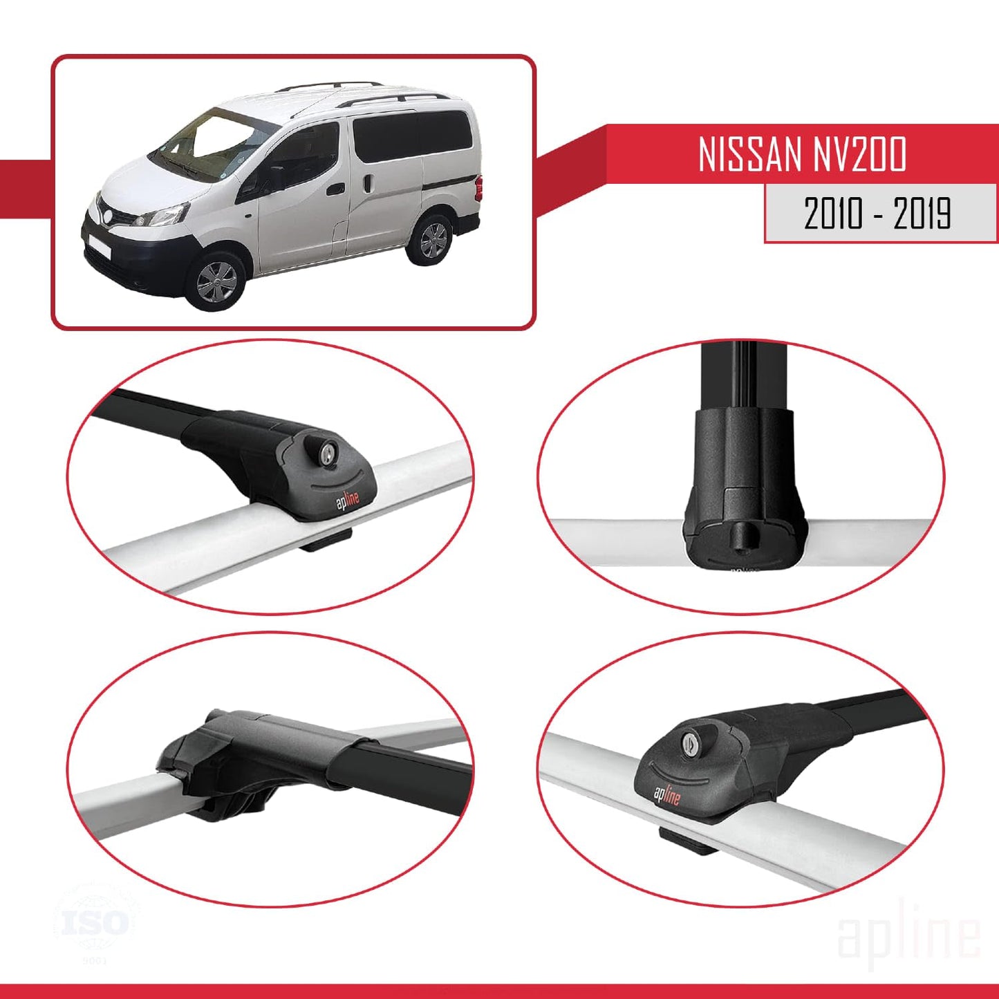 Compatible with Nissan NV200 (M20) 2010-2019 ACE-1 Car Roof Rack Cross Bar Black Aluminium 4 Bars
