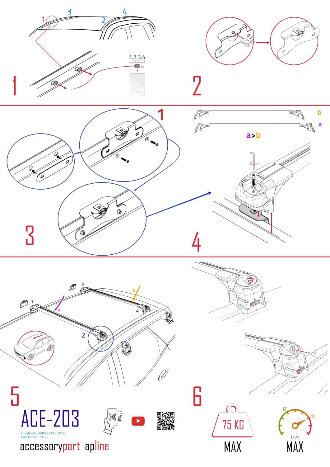 Compatible with Honda CR-V 4 2012-2016 ACE-2 Car Roof Rack Cross Bar Black Aluminium 2 Bars