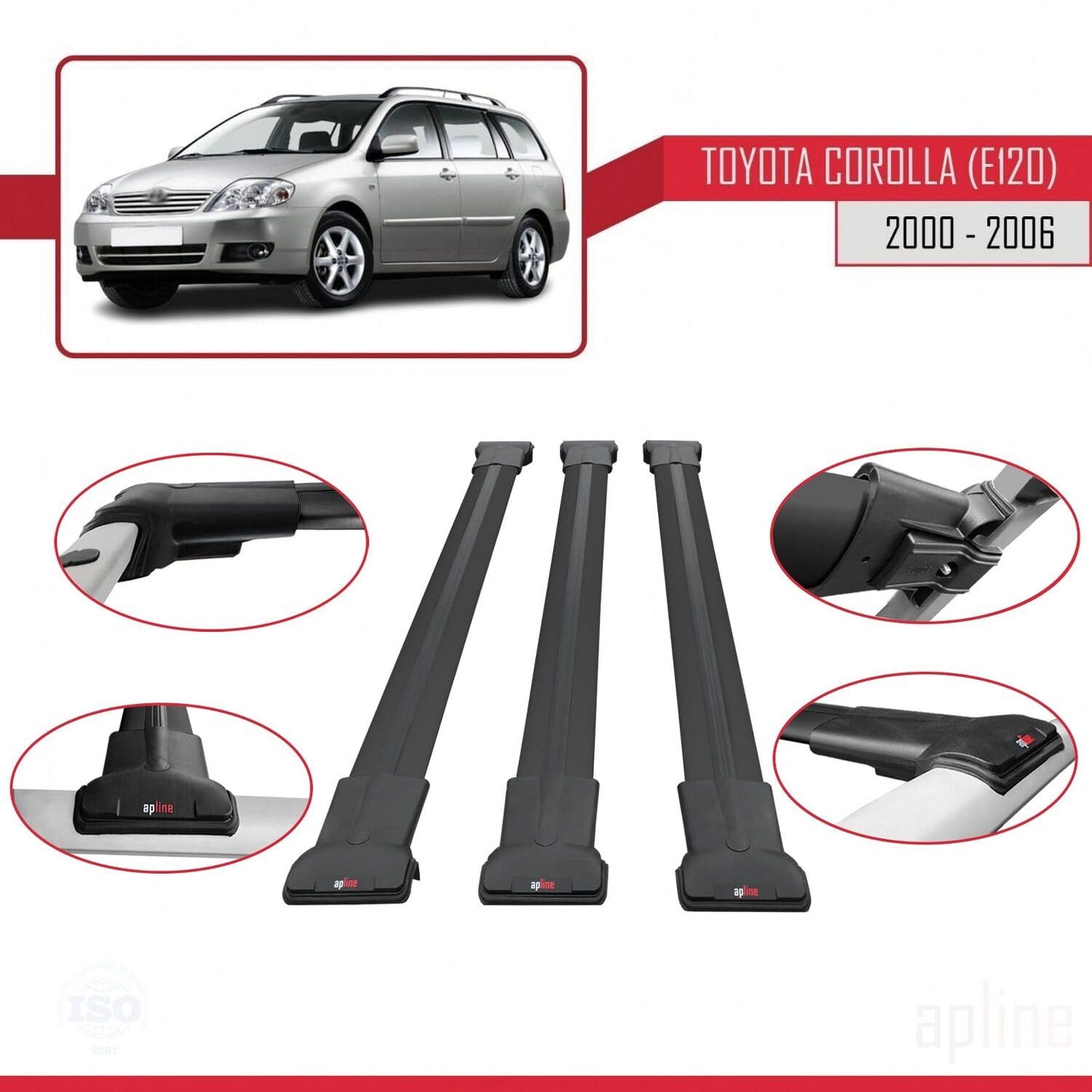 Compatible with Toyota Corolla 9 (E120) SW 2000-2006 Fly Model Car Roof Rack Cross Bar Black Aluminium 3 Bars