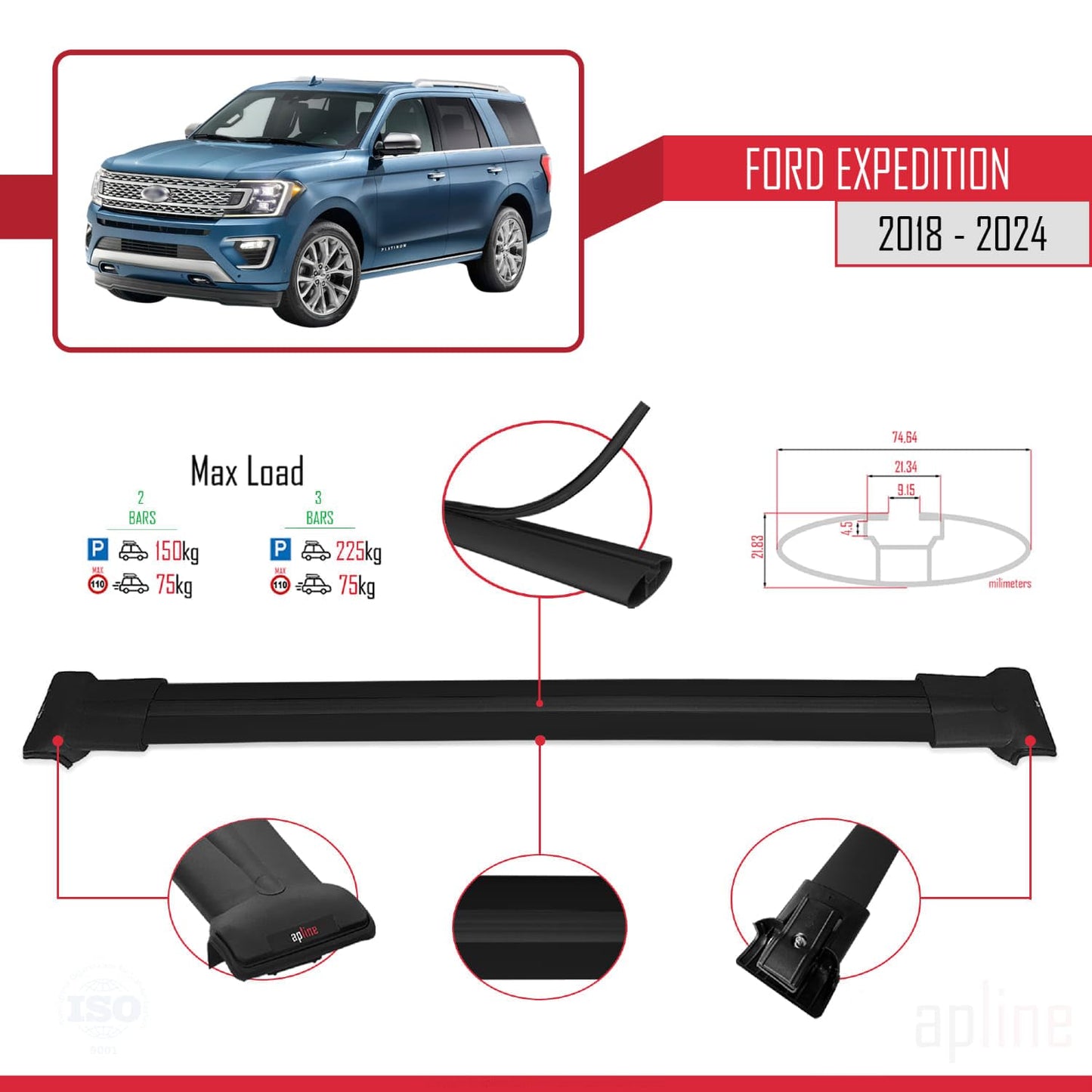 Compatible with Ford Expedition 2018-2024 Fly Model Car Roof Rack Cross Bar Black Aluminium 2 Bars