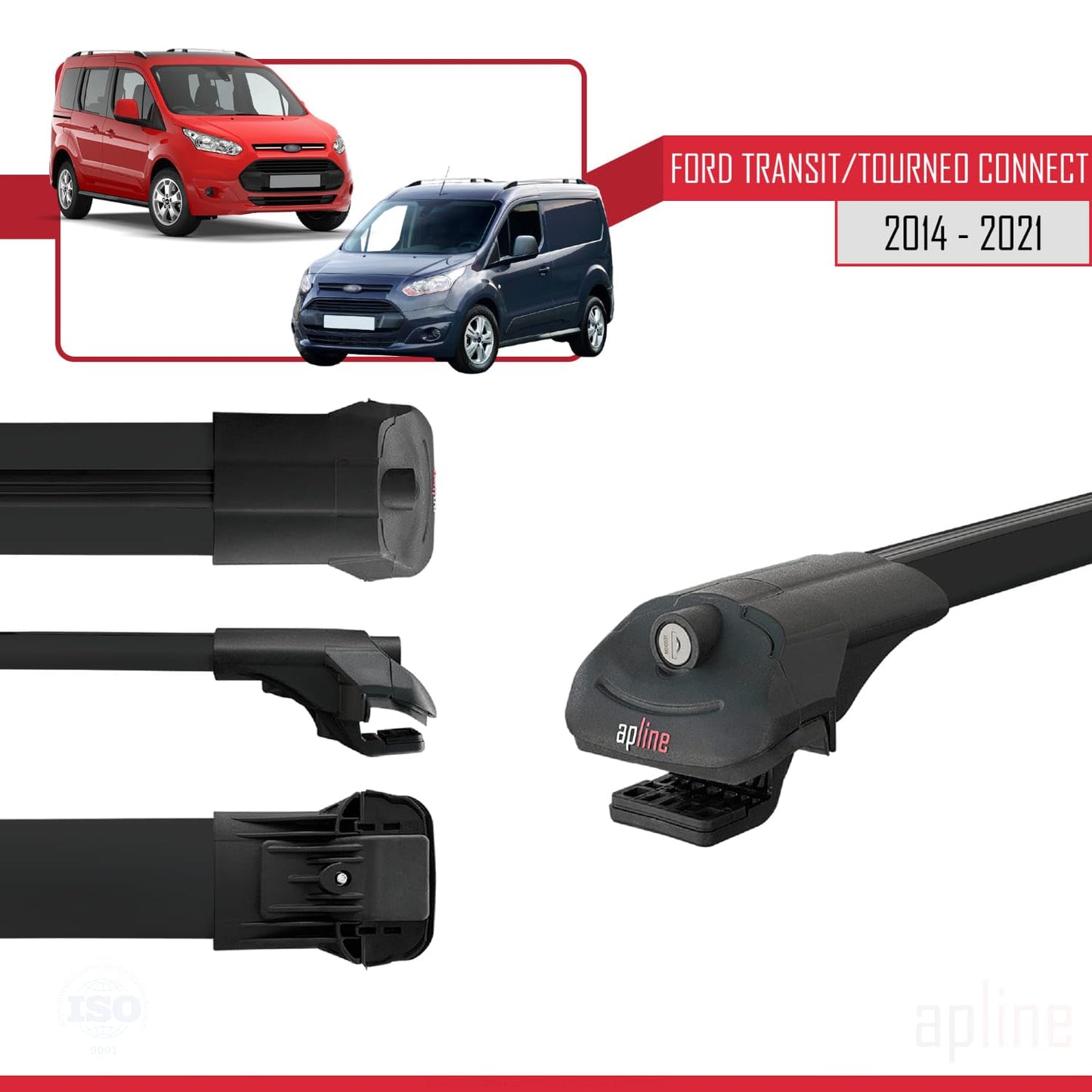 Compatible with Ford Transit/Tourneo Connect 2 2014-2021 ACE-1 Car Roof Rack Cross Bar Black Aluminium 3 Bars