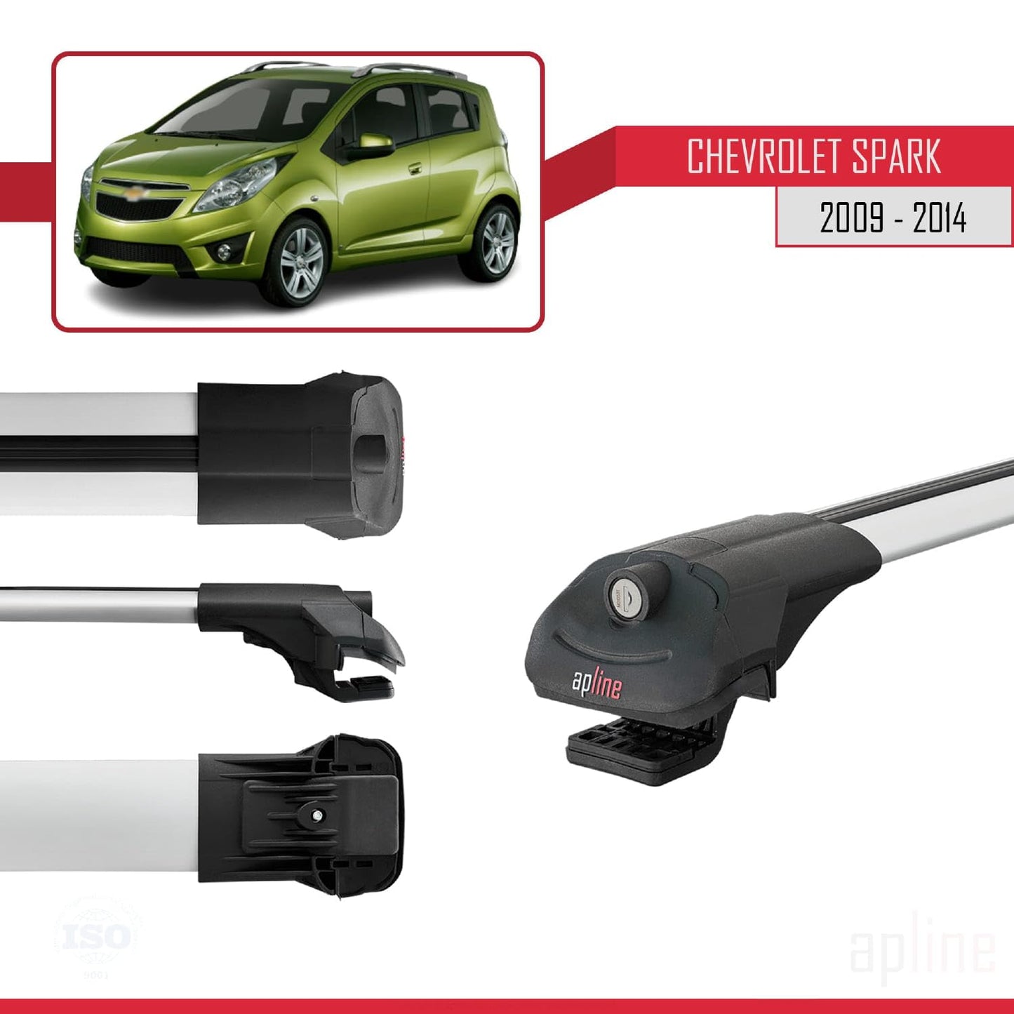 Compatible with Chevrolet Spark (M300) 2009-2014 ACE-1 Car Roof Rack Cross Bar Grey Aluminium 2 Bars