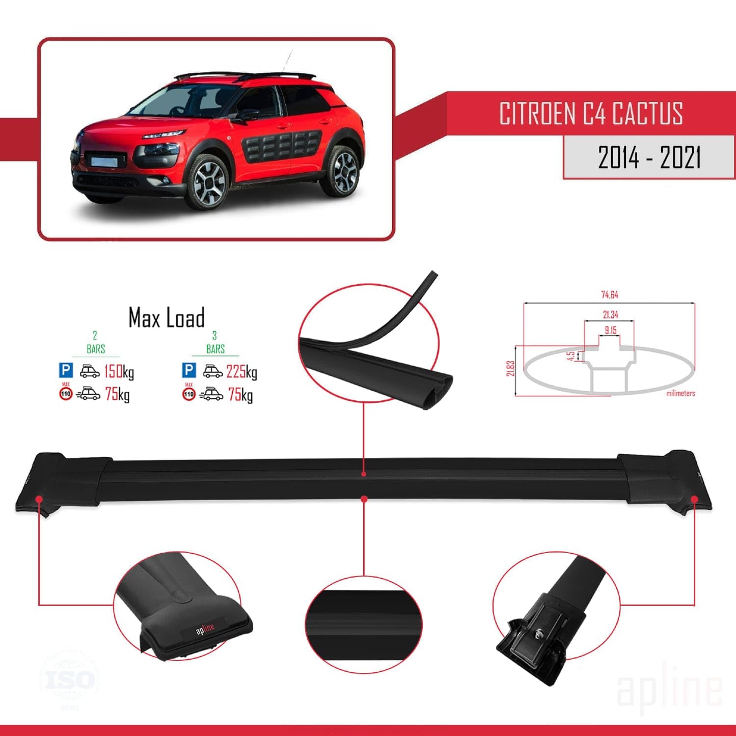 Compatible with Citroen C4 Cactus 2014-2021 Fly Model Car Roof Rack Cross Bar Black Aluminium 2 Bars