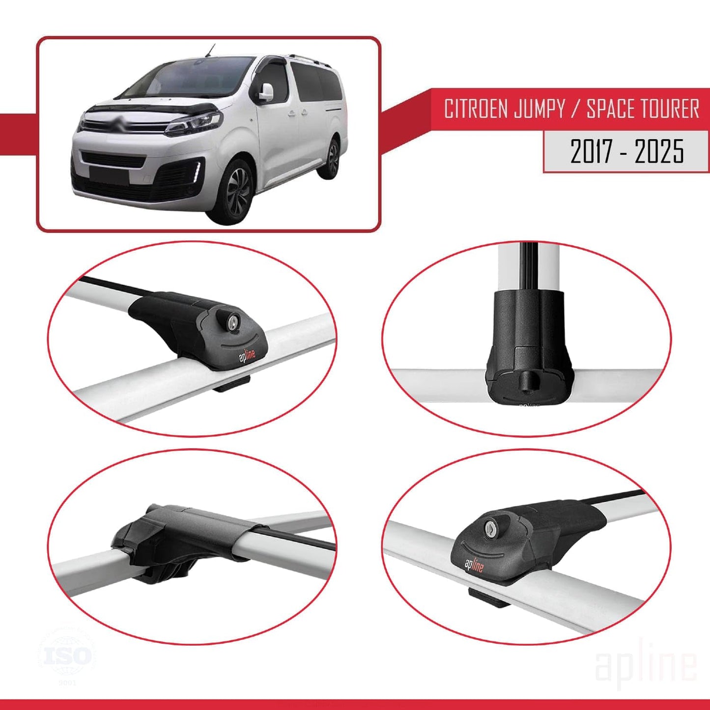Compatible with Citroen Jumpy 3 (K0) Space Tourer 2017-2025 ACE-1 Car Roof Rack Cross Bar Grey Aluminium 3 Bars