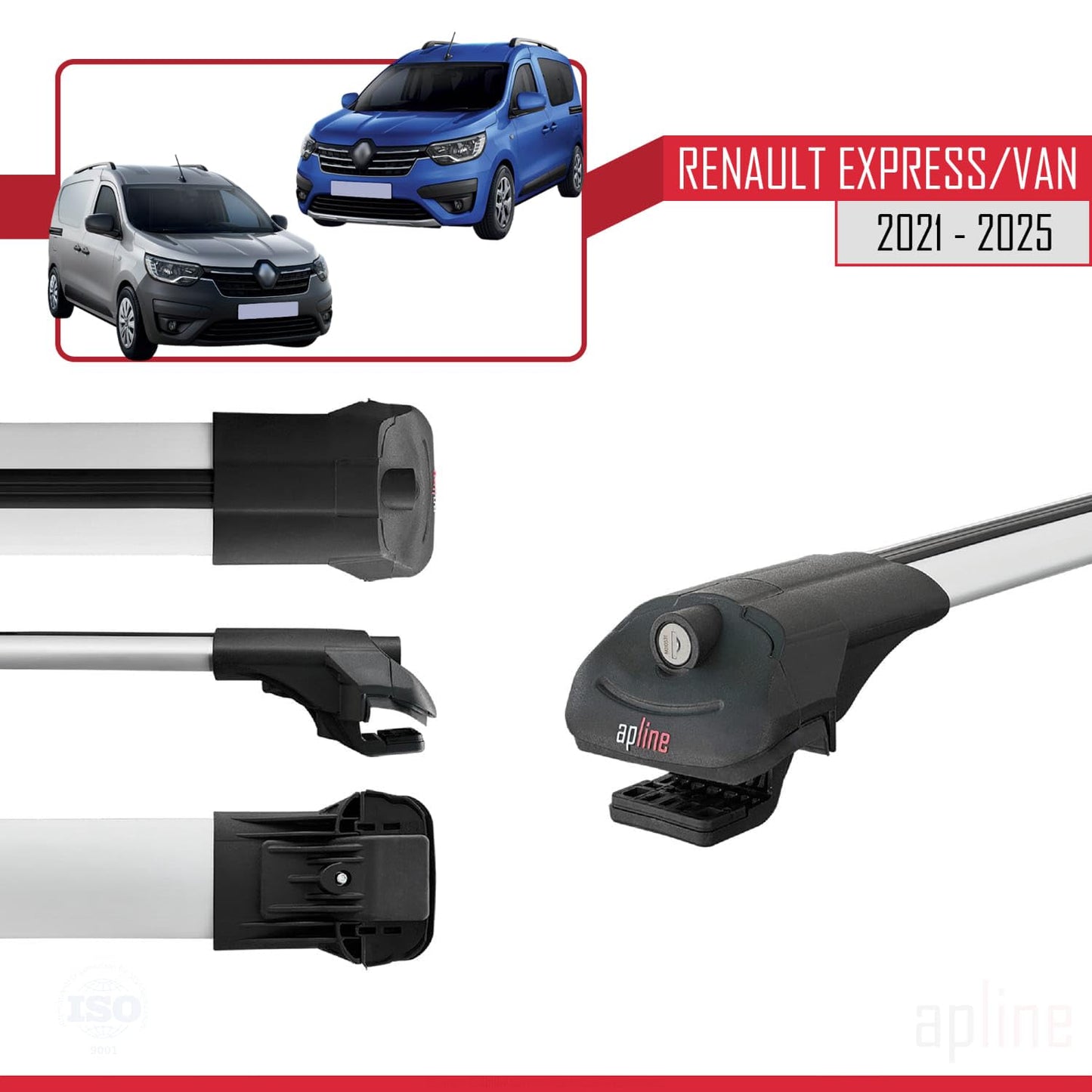 Compatible with Renault Express 2021-2025 ACE-1 Car Roof Rack Cross Bar Grey Aluminium 2 Bars