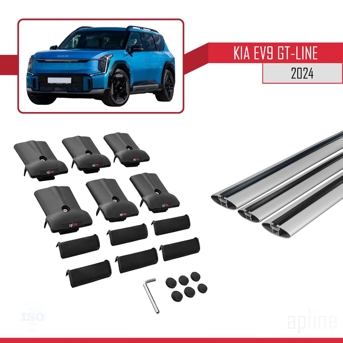 Compatible with KIA EV9 GT-LINE 2024-2025 Fly Model Car Roof Rack Cross Bar Grey Aluminium 3 Bars
