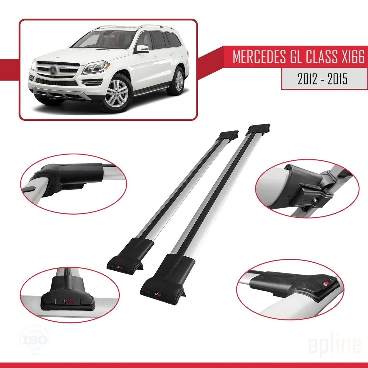 Compatible with Mercedes GL Class 2 (X166) Pre-Facelift 2013-2015 Fly Model Car Roof Rack Cross Bar Grey Aluminium 2 Bars