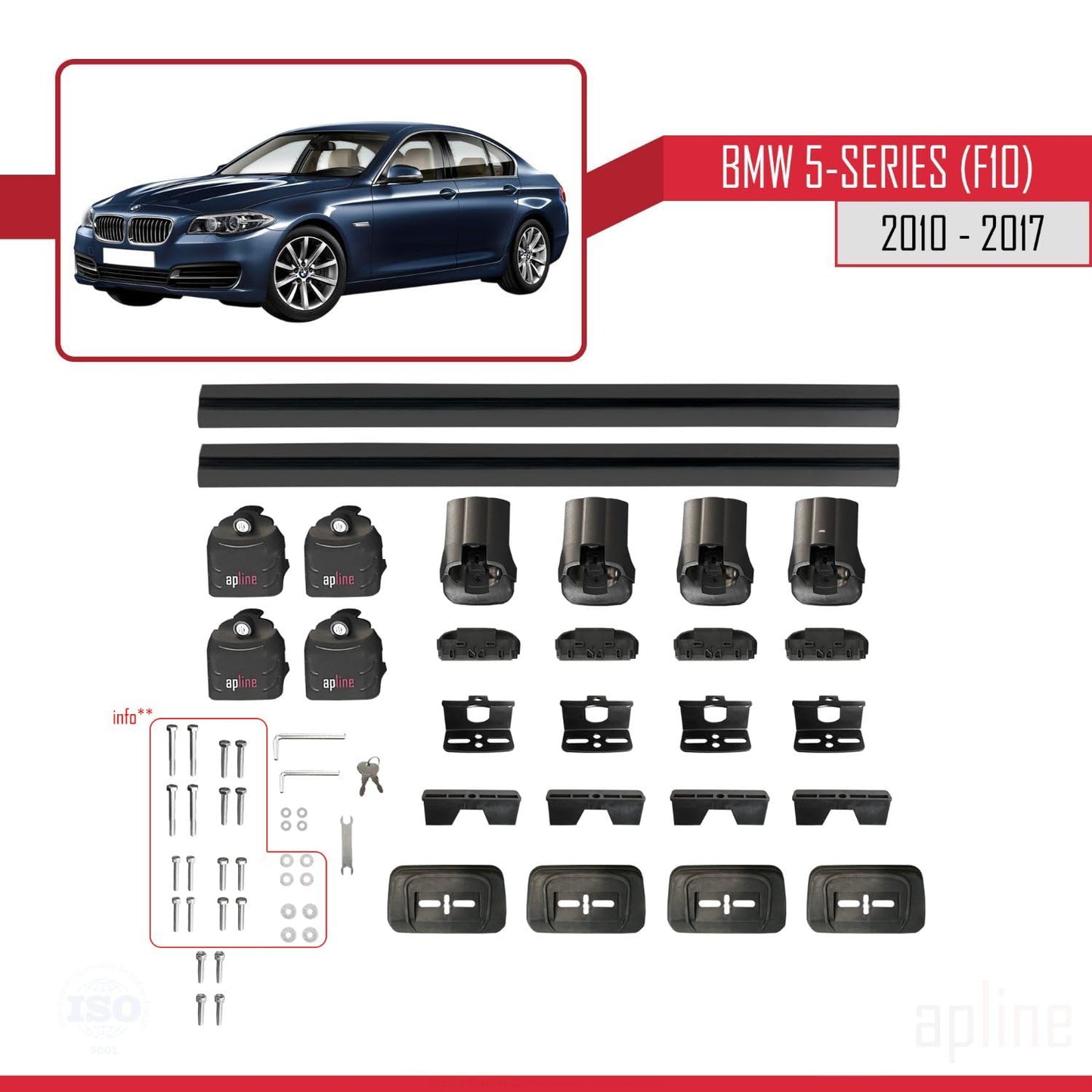 Compatible with BMW 5 Series (F10) 2010-2017 ACE-3 Car Roof Rack Cross Bar Black Aluminium 2 Bars