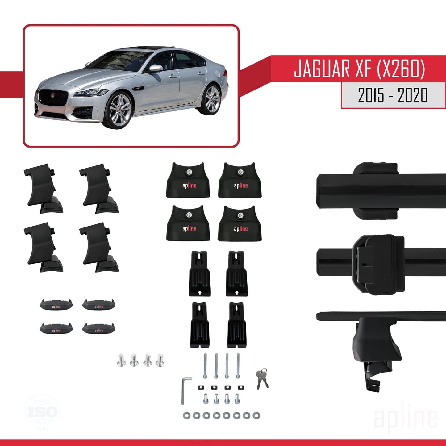 Compatible with Jaguar XF (X260) Pre-Facelift 2015-2020 ACE-4 Car Roof Rack Cross Bar Black Aluminium 2 Bars