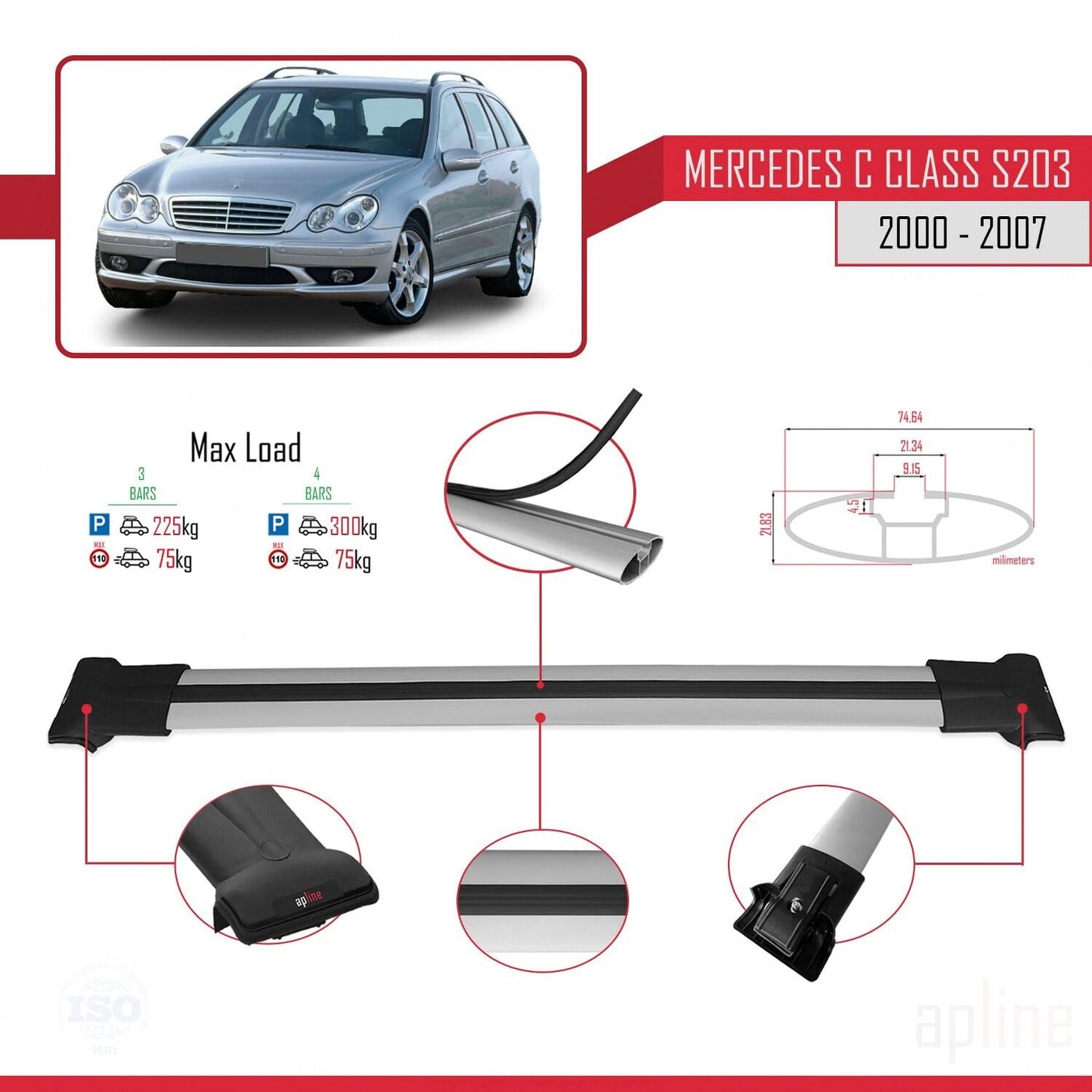 Compatible with Mercedes C Class 2 (S203) 2000-2007 Fly Model Car Roof Rack Cross Bar Grey Aluminium 3 Bars