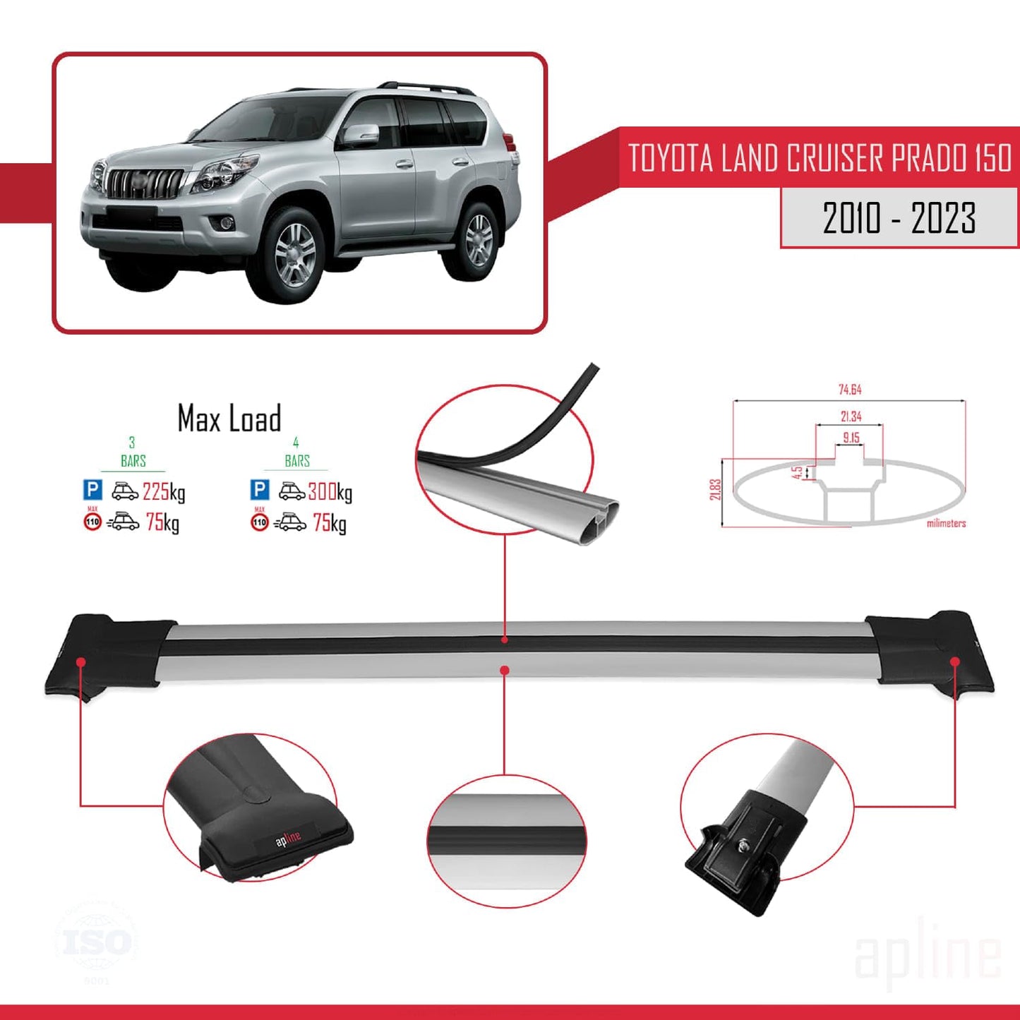 Compatible with Toyota Land Cruiser Prado (J150) 2010-2023 Fly Model Car Roof Rack Cross Bar Grey Aluminium 3 Bars