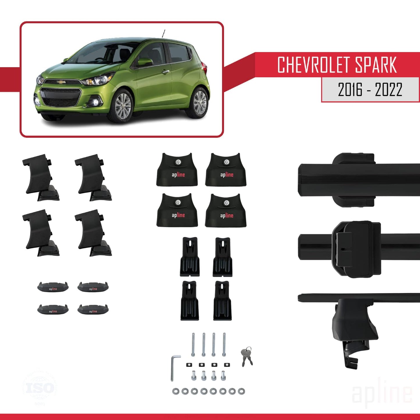 Compatible with Chevrolet Spark (M400) 2016-2022 ACE-4 Car Roof Rack Cross Bar Black Aluminium 2 Bars