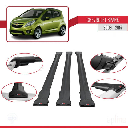 Compatible with Chevrolet Spark (M300) 2009-2014 Fly Model Car Roof Rack Cross Bar Black Aluminium 3 Bars