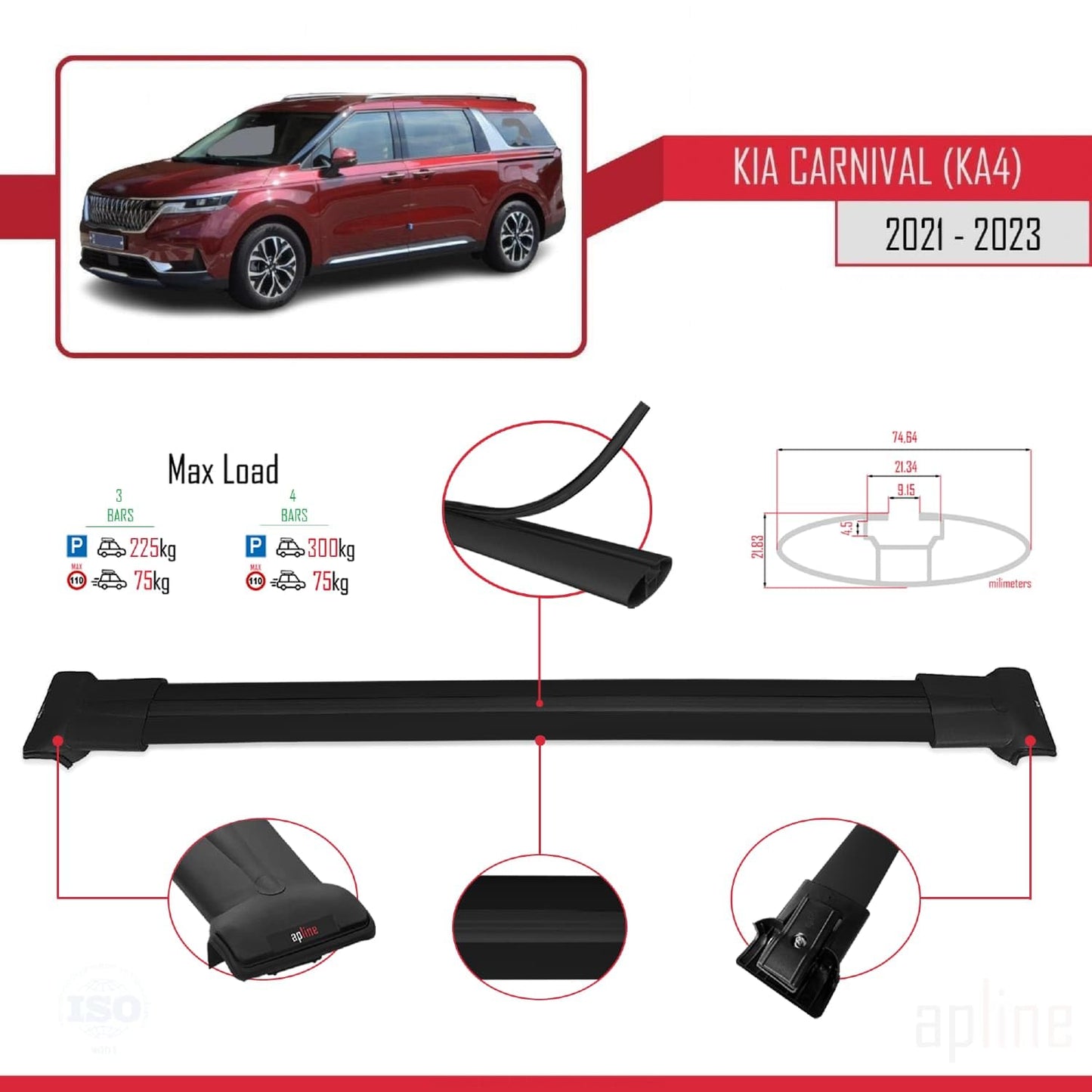 Compatible with Kia Carnival 4 (KA4) 2021-2023 Fly Model Car Roof Rack Cross Bar Black Aluminium 3 Bars