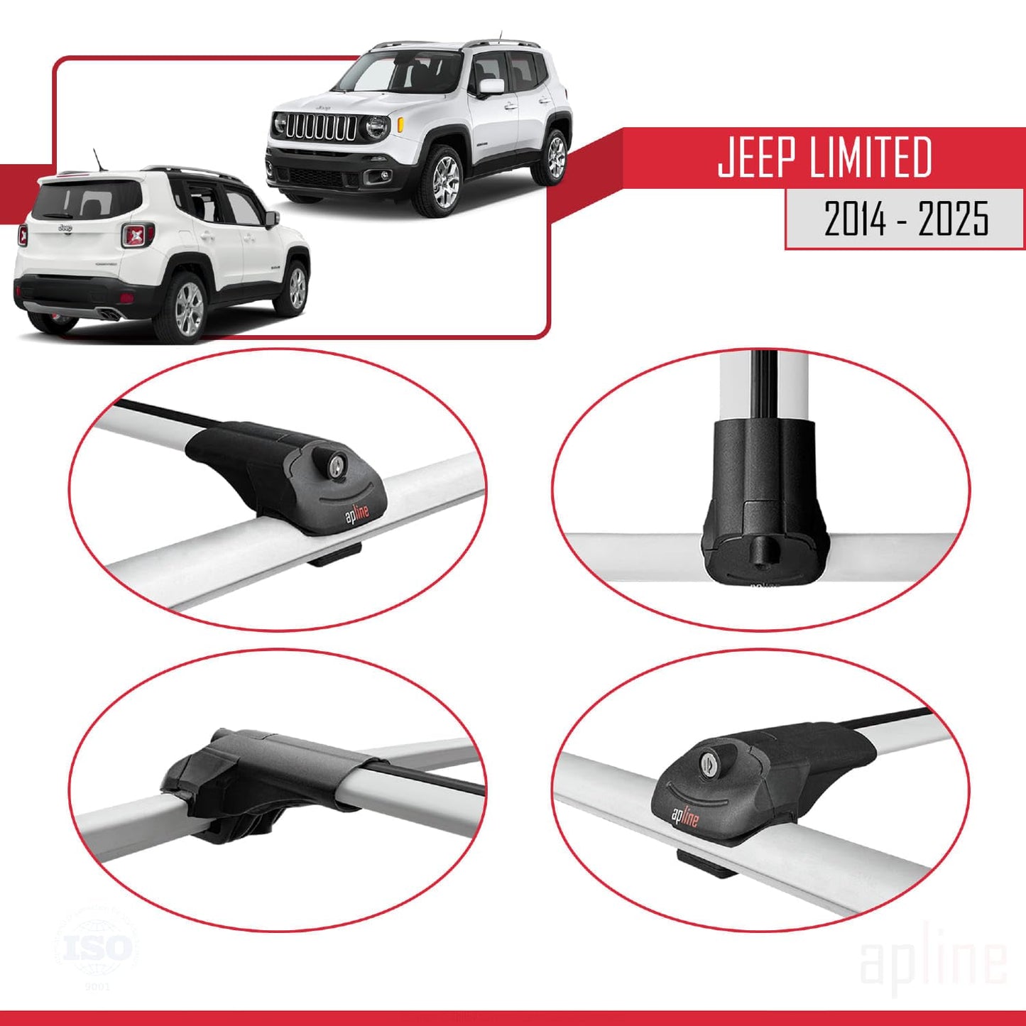 Compatible with Jeep Limited 2014-2025 ACE-1 Car Roof Rack Cross Bar Grey Aluminium 2 Bars