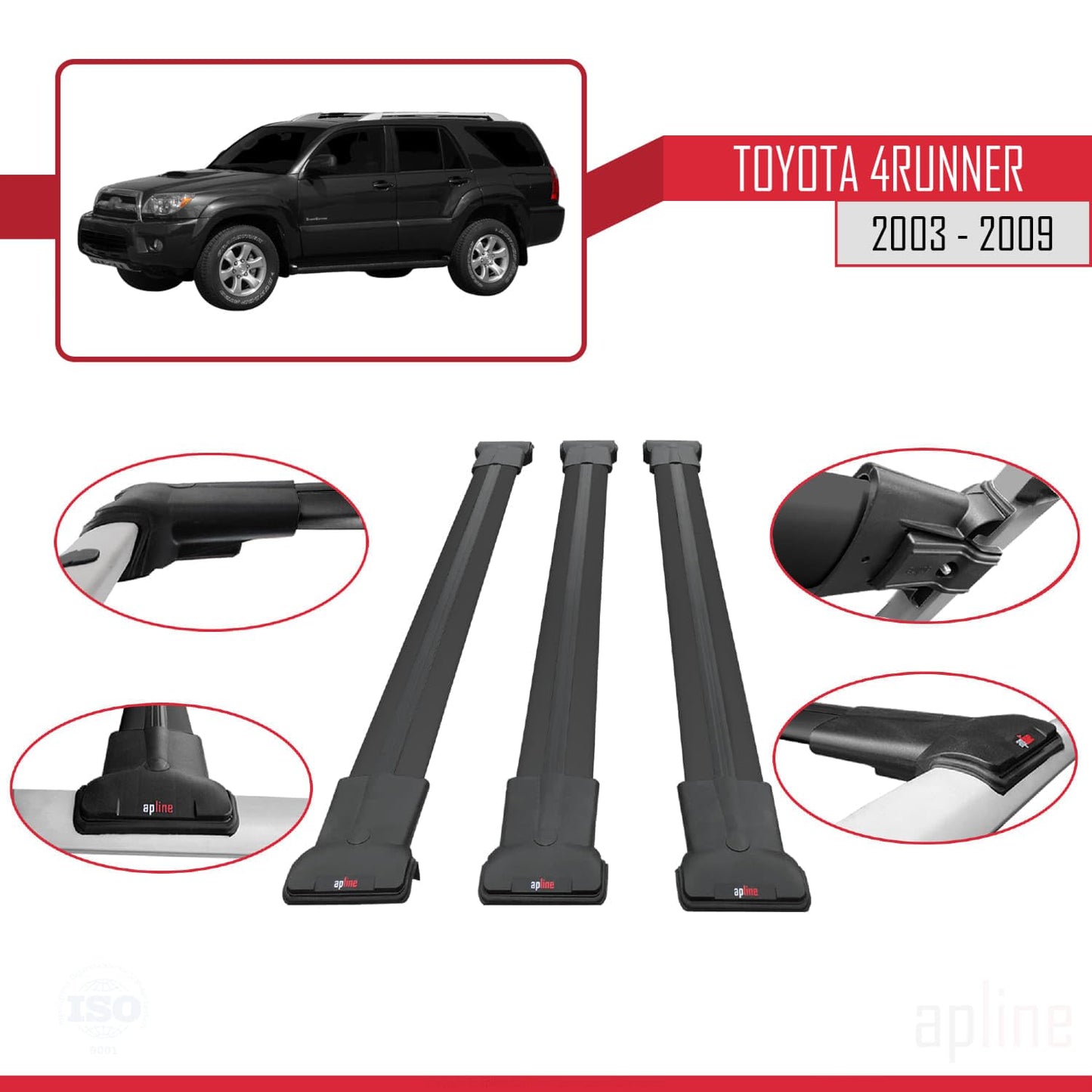 Compatible with Toyota 4Runner 2003-2009 Fly Model Car Roof Rack Cross Bar Black Aluminium 3 Bars