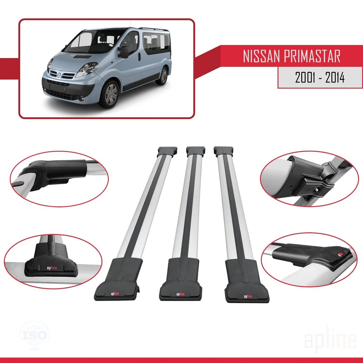 Compatible with Nissan Primastar 2001-2014 Fly Model Car Roof Rack Cross Bar Grey Aluminium 3 Bars