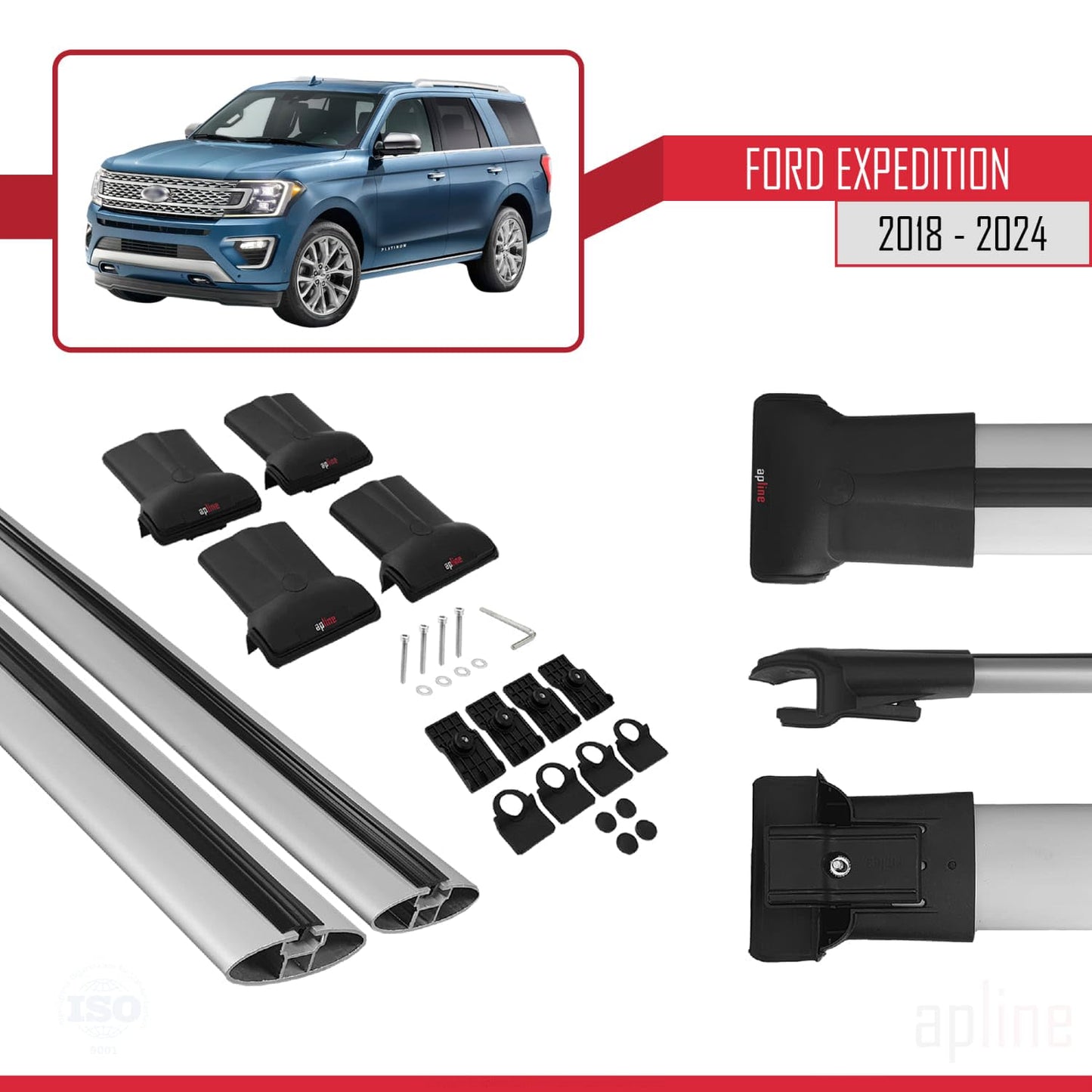 Compatible with Ford Expedition 2018-2024 Fly Model Car Roof Rack Cross Bar Grey Aluminium 2 Bars