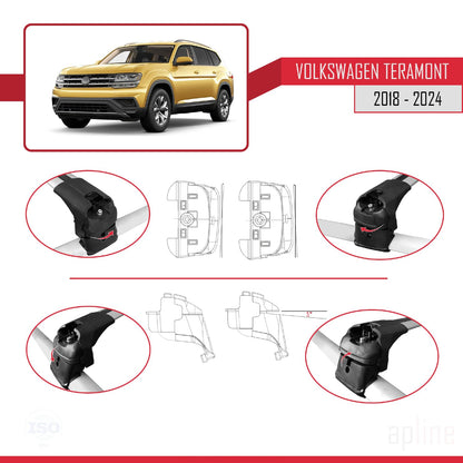 Compatible with Volkswagen Teramont (CA1) 2018-2024 ACE-2 Car Roof Rack Cross Bar Grey Aluminium 2 Bars