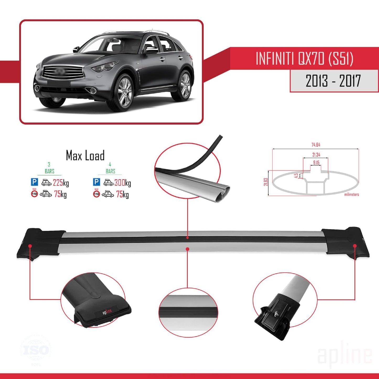 Compatible with Infiniti QX70 (S51) 2013-2017 Fly Model Car Roof Rack Cross Bar Grey Aluminium 3 Bars