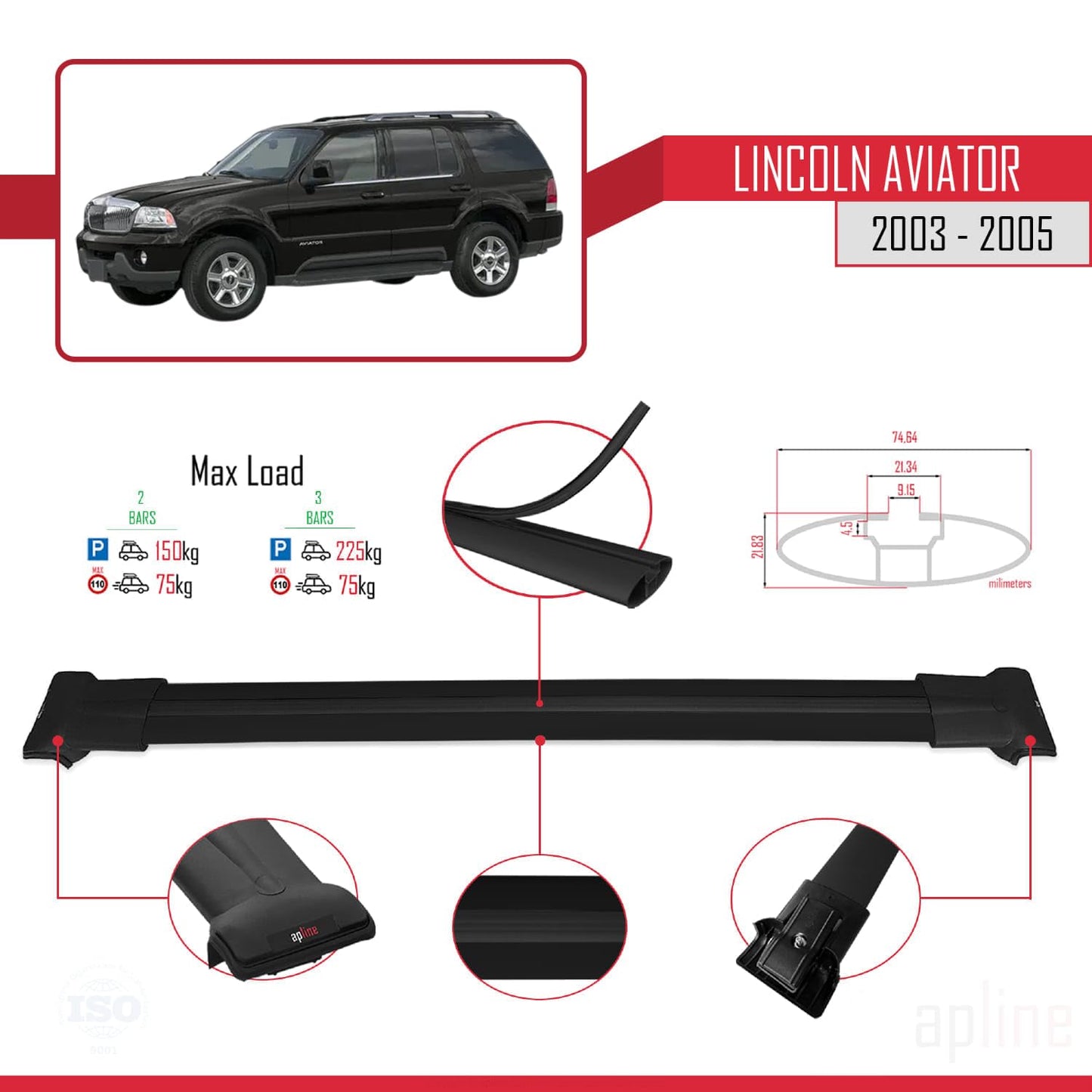 Compatible with Lincoln Aviator 2003-2005 Fly Model Car Roof Rack Cross Bar Black Aluminium 2 Bars