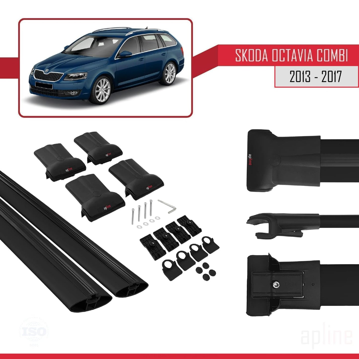Compatible with Skoda Octavia 3 (5E) SW Pre-Facelift 2013-2017 Fly Model Car Roof Rack Cross Bar Black Aluminium 2 Bars