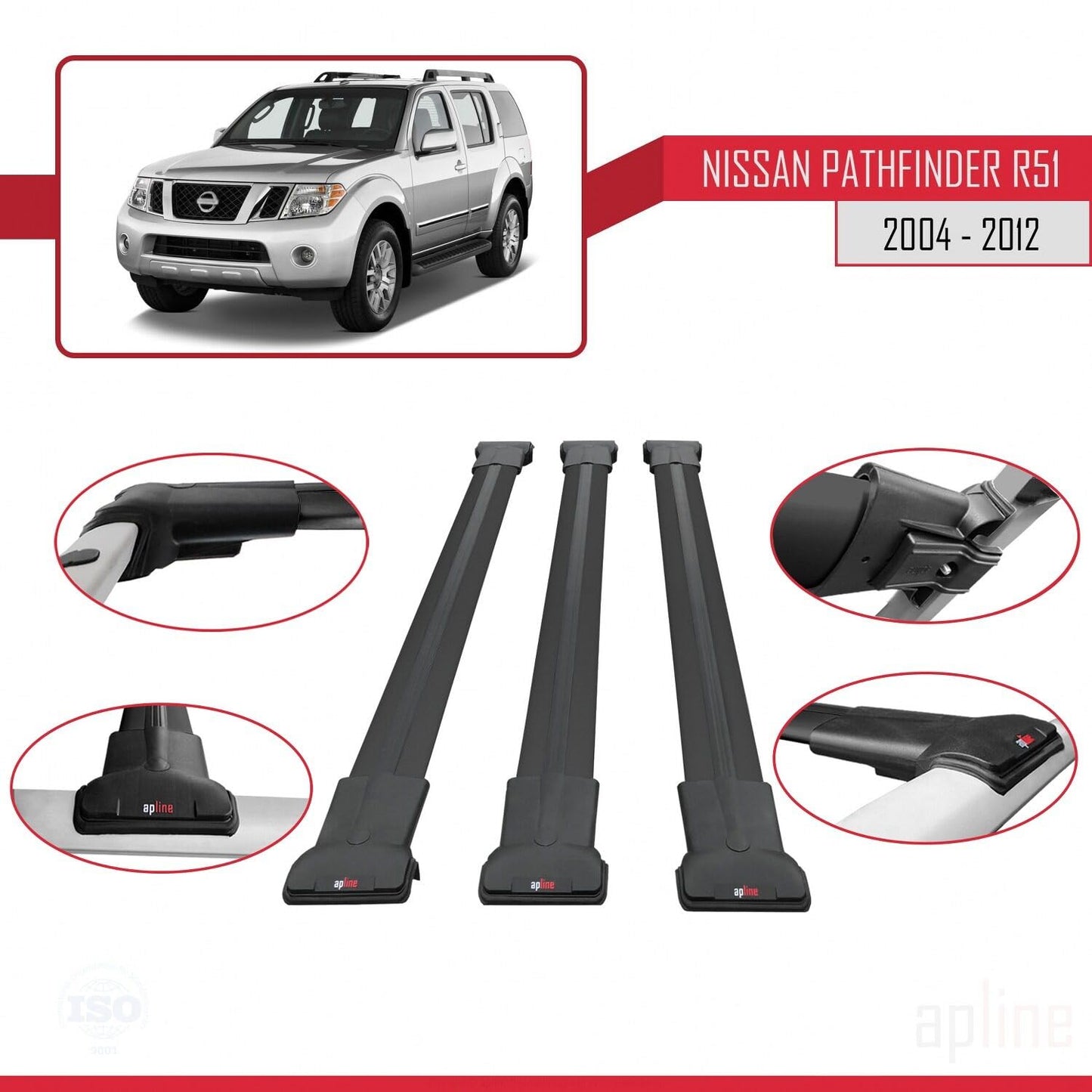 Compatible with Nissan Pathfinder 3 (R51) 2004-2012 Fly Model Car Roof Rack Cross Bar Black Aluminium 3 Bars