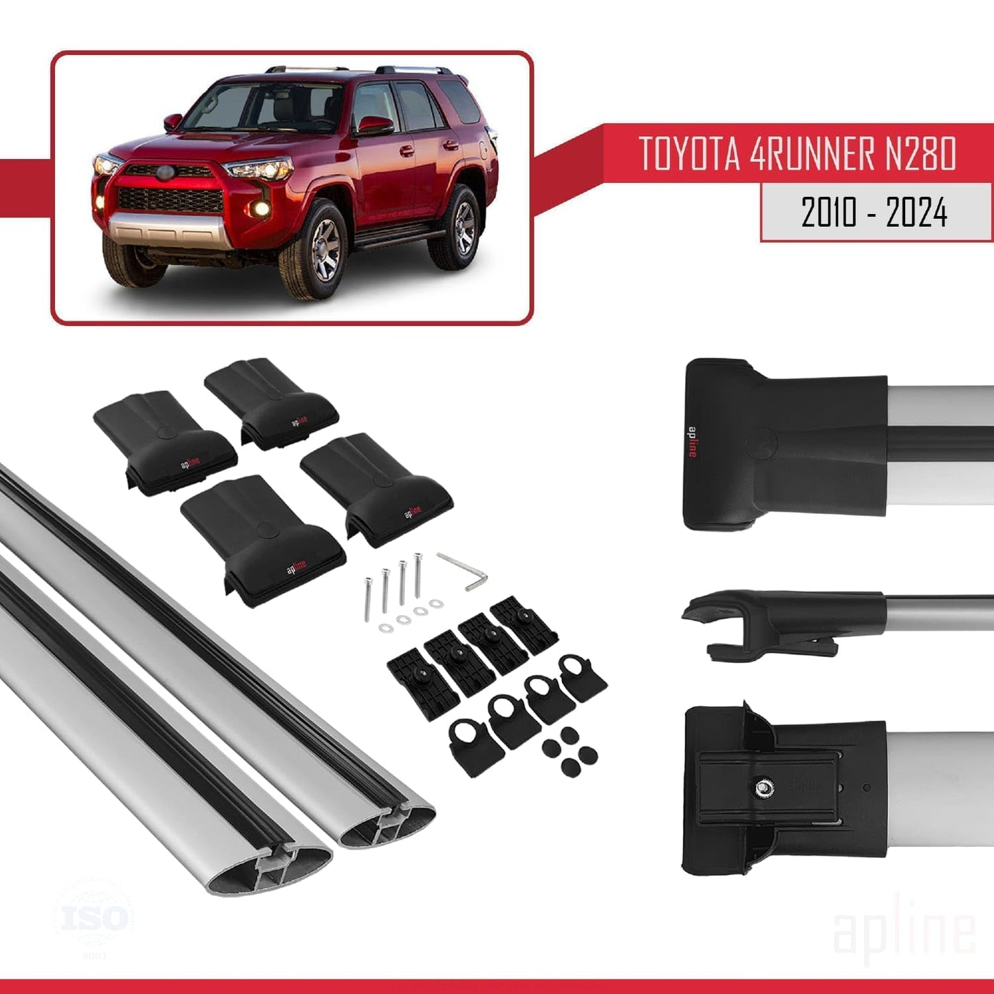 Compatible with Toyota 4Runner (N280) 2010-2024 Fly Model Car Roof Rack Cross Bar Grey Aluminium 2 Bars