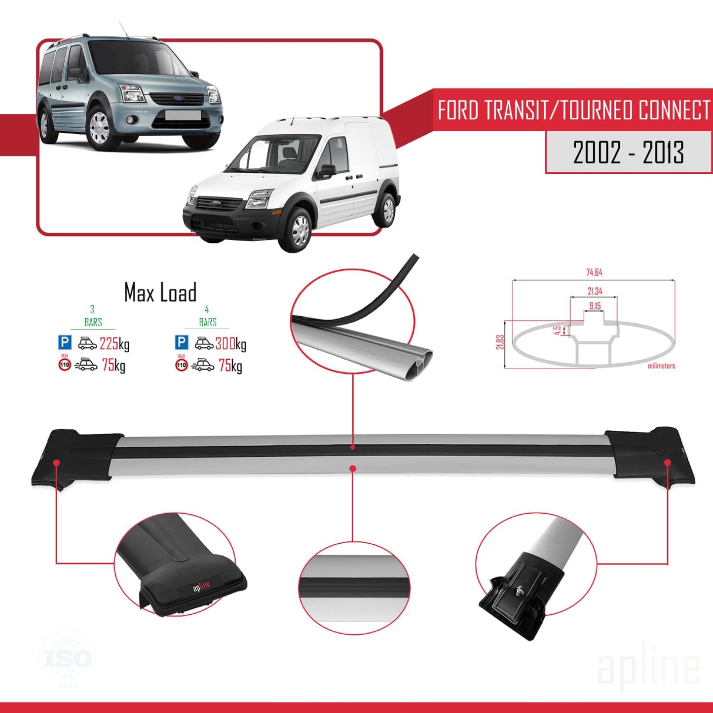 Compatible with Ford Transit/Tourneo Connect 2002-2013 Fly Model Car Roof Rack Cross Bar Grey Aluminium 3 Bars