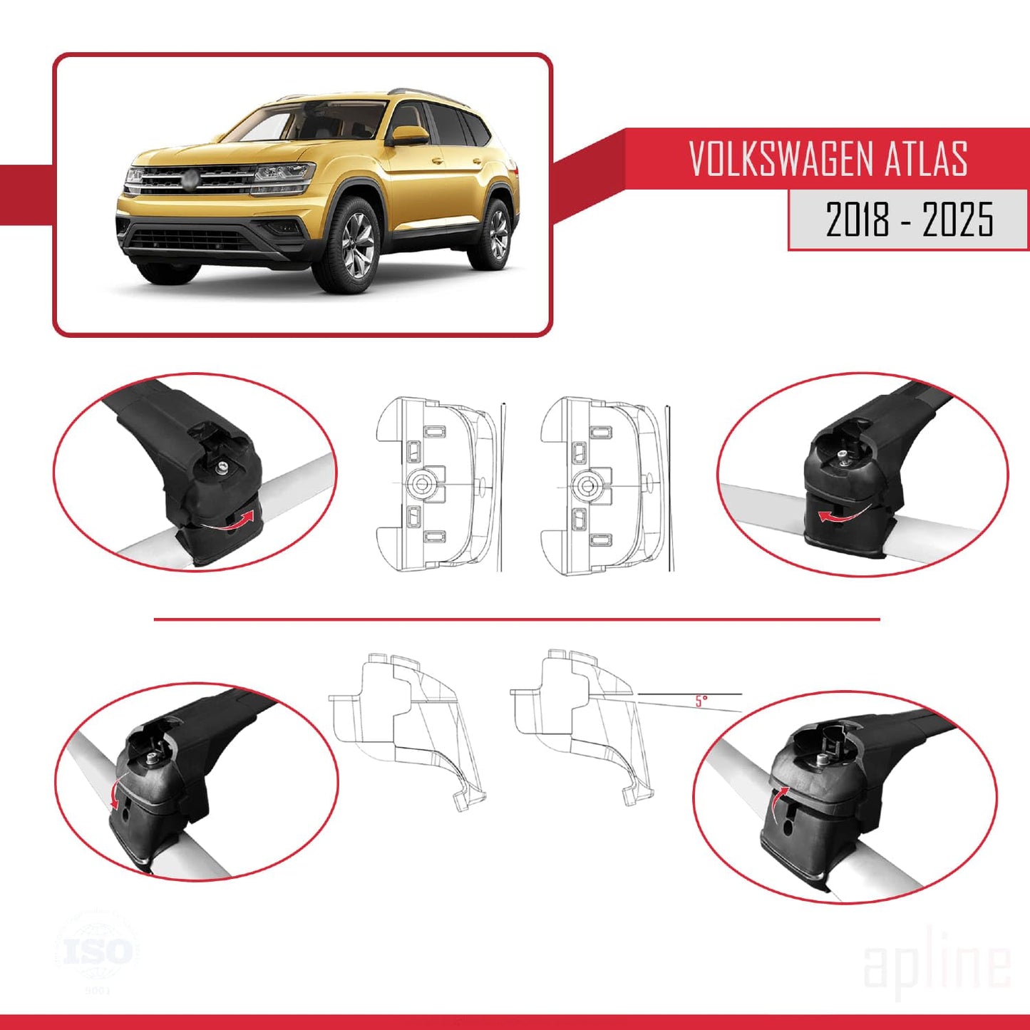 Compatible with Volkswagen Atlas (CA1) 2018-2025 ACE-2 Car Roof Rack Cross Bar Black Aluminium 2 Bars