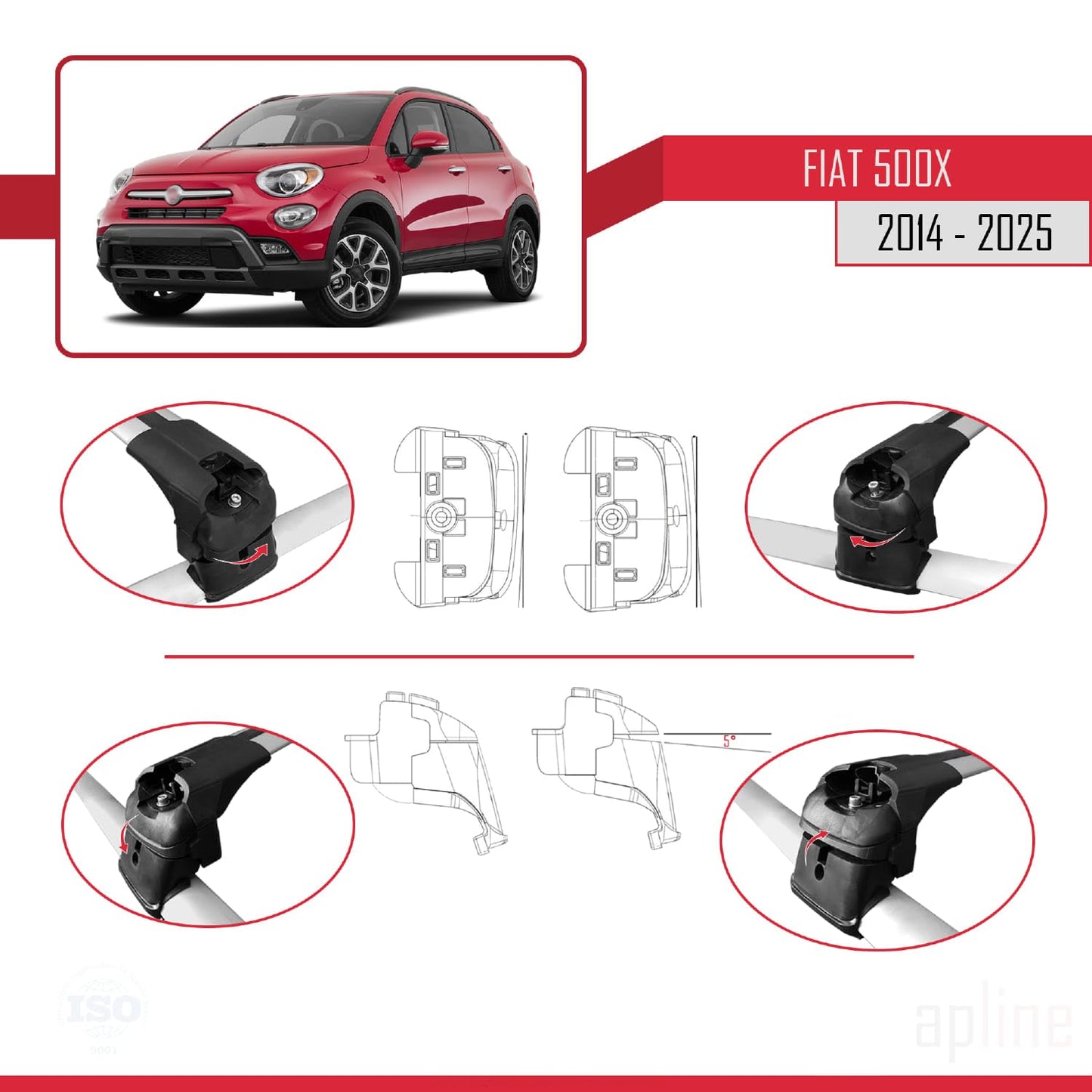 Compatible with Fiat 500X 2014-2025 ACE-2 Car Roof Rack Cross Bar Grey Aluminium 2 Bars