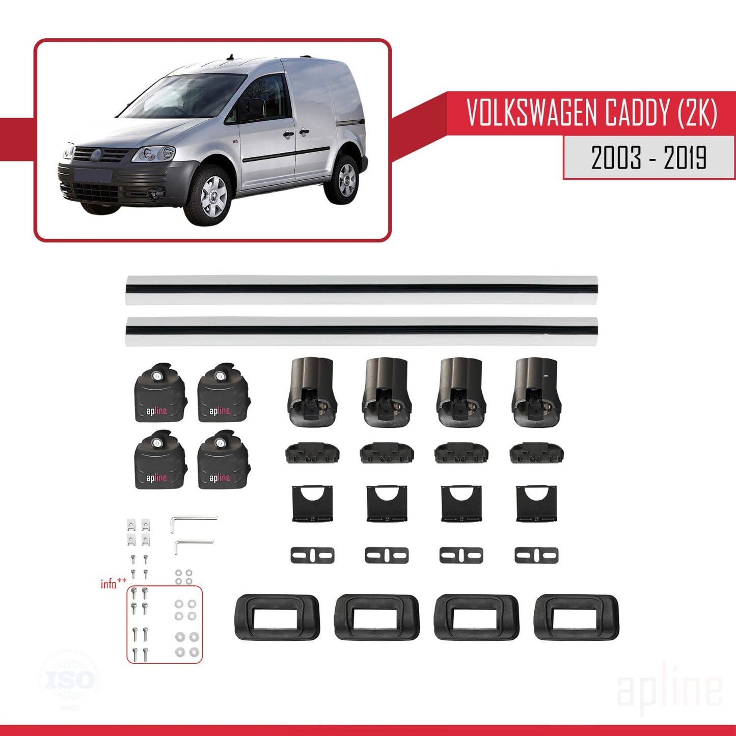 Compatible with Volkswagen Caddy (2K) 2003-2019 ACE-3 Car Roof Rack Cross Bar Grey Aluminium 2 Bars