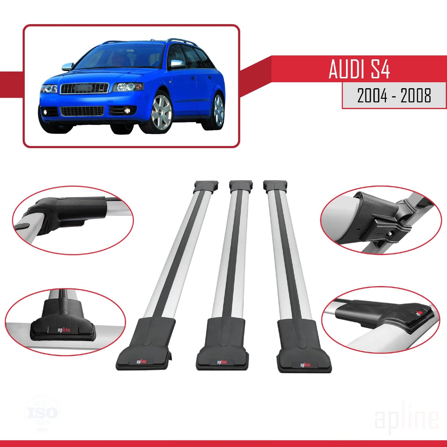 Compatible with Audi S4 2004-2008 Fly Model Car Roof Rack Cross Bar Grey Aluminium 3 Bars