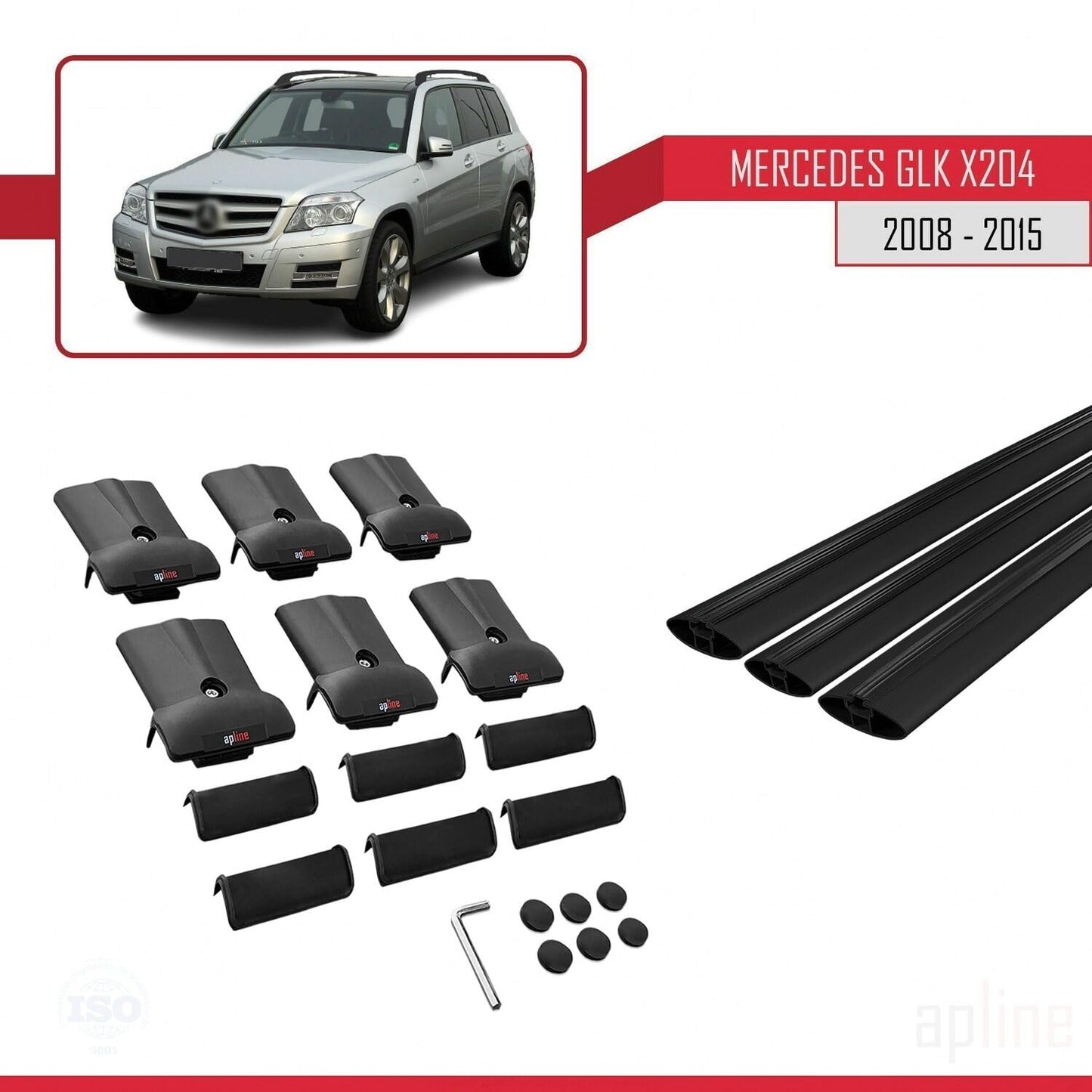 Compatible with Mercedes GLK Class (X204) 2008-2015 Fly Model Car Roof Rack Cross Bar Black Aluminium 3 Bars