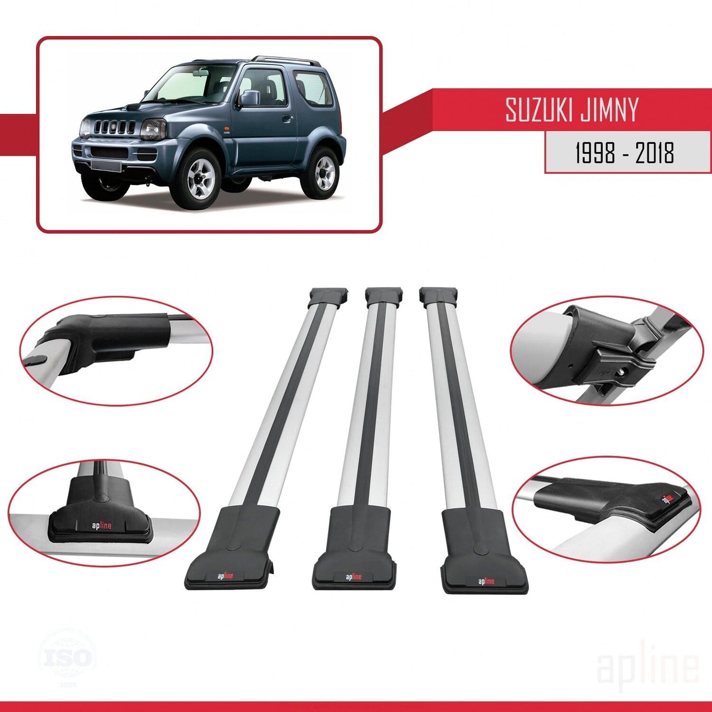 Compatible with Suzuki Jimny 3 1998-2018 Fly Model Car Roof Rack Cross Bar Grey Aluminium 3 Bars