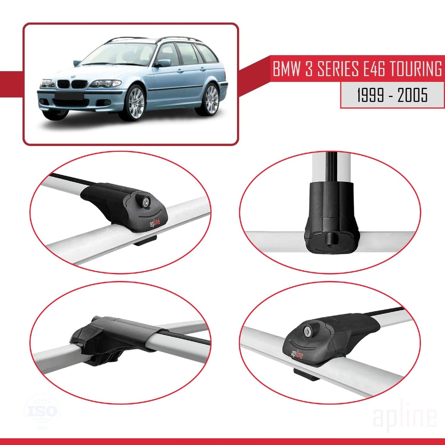Compatible with BMW 3 Series (E46) Touring 1999-2005 ACE-1 Car Roof Rack Cross Bar Grey Aluminium 3 Bars