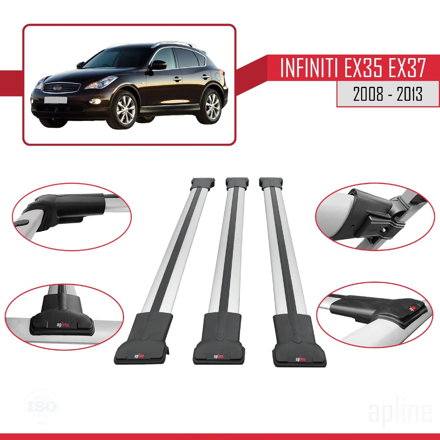 Compatible with Infiniti EX35 EX37 2008-2013 Fly Model Car Roof Rack Cross Bar Grey Aluminium 3 Bars