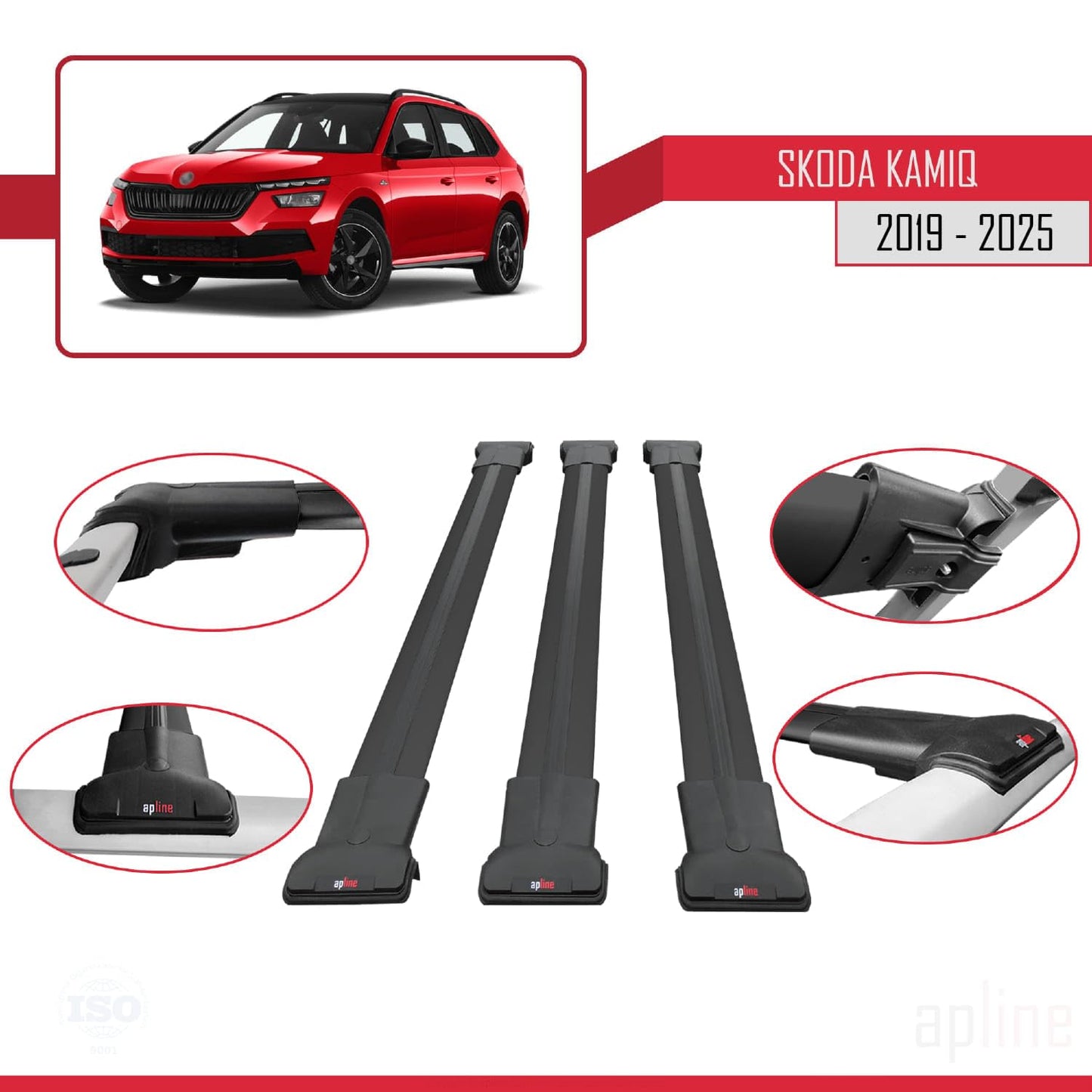 Compatible with Skoda Kamiq 2019-2025 Fly Model Car Roof Rack Cross Bar Black Aluminium 3 Bars